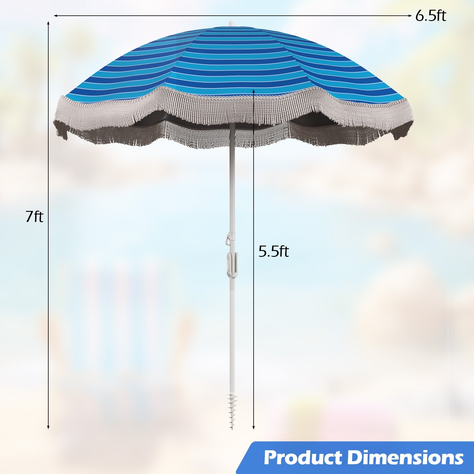 6.5 FT Beach Umbrella with Fringe Outdoor Tassel Umbrella with Push Button Tilt, Navy Outdoor Umbrellas at Gallery Canada