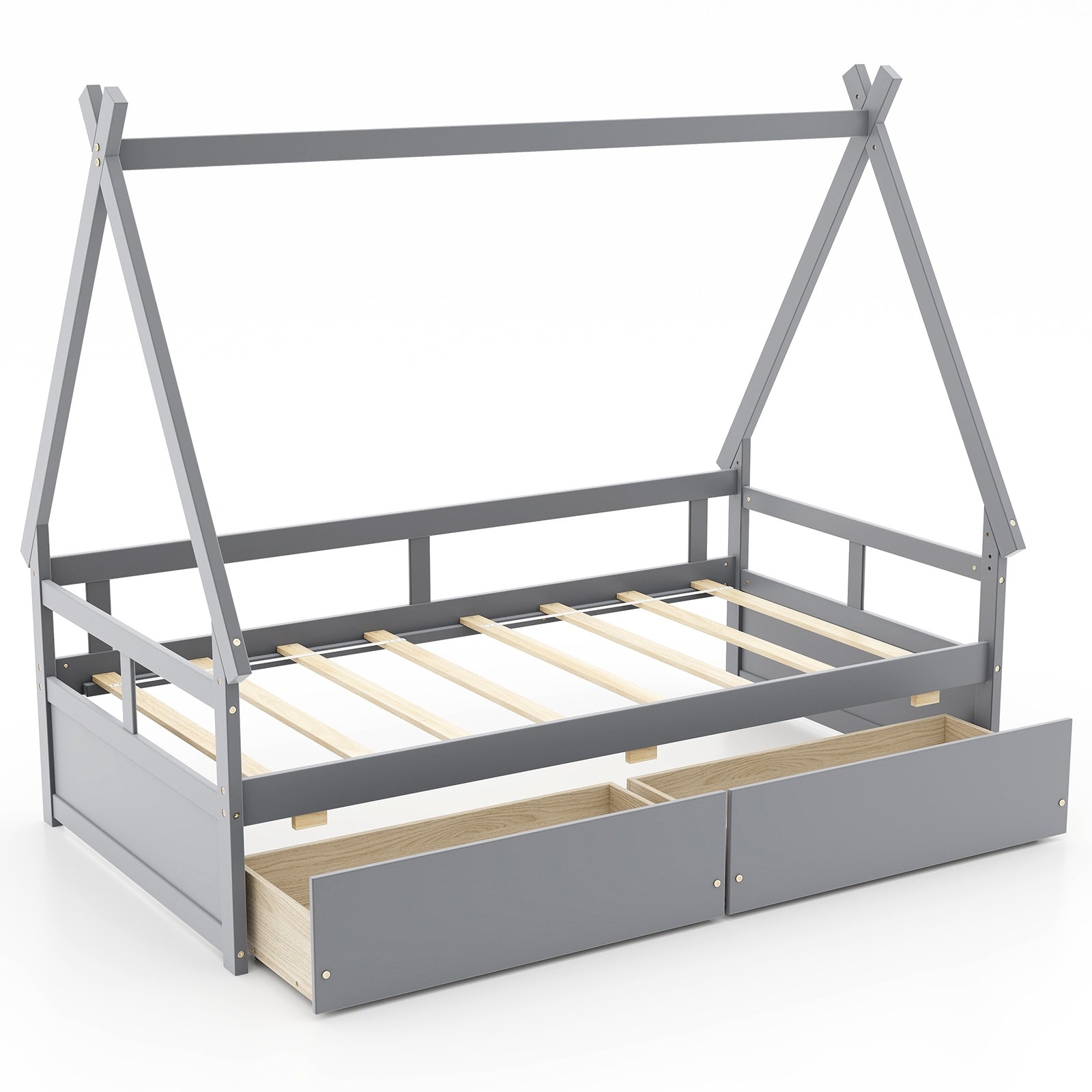 Twin Size House Bed with Roof and Safety Guardrail, Gray Toddler Beds at Gallery Canada