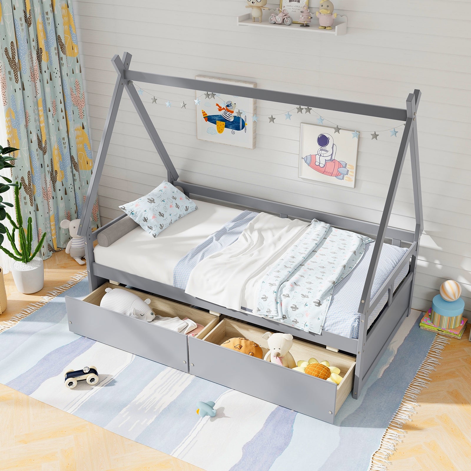 Twin Size House Bed with Roof and Safety Guardrail, Gray Toddler Beds at Gallery Canada