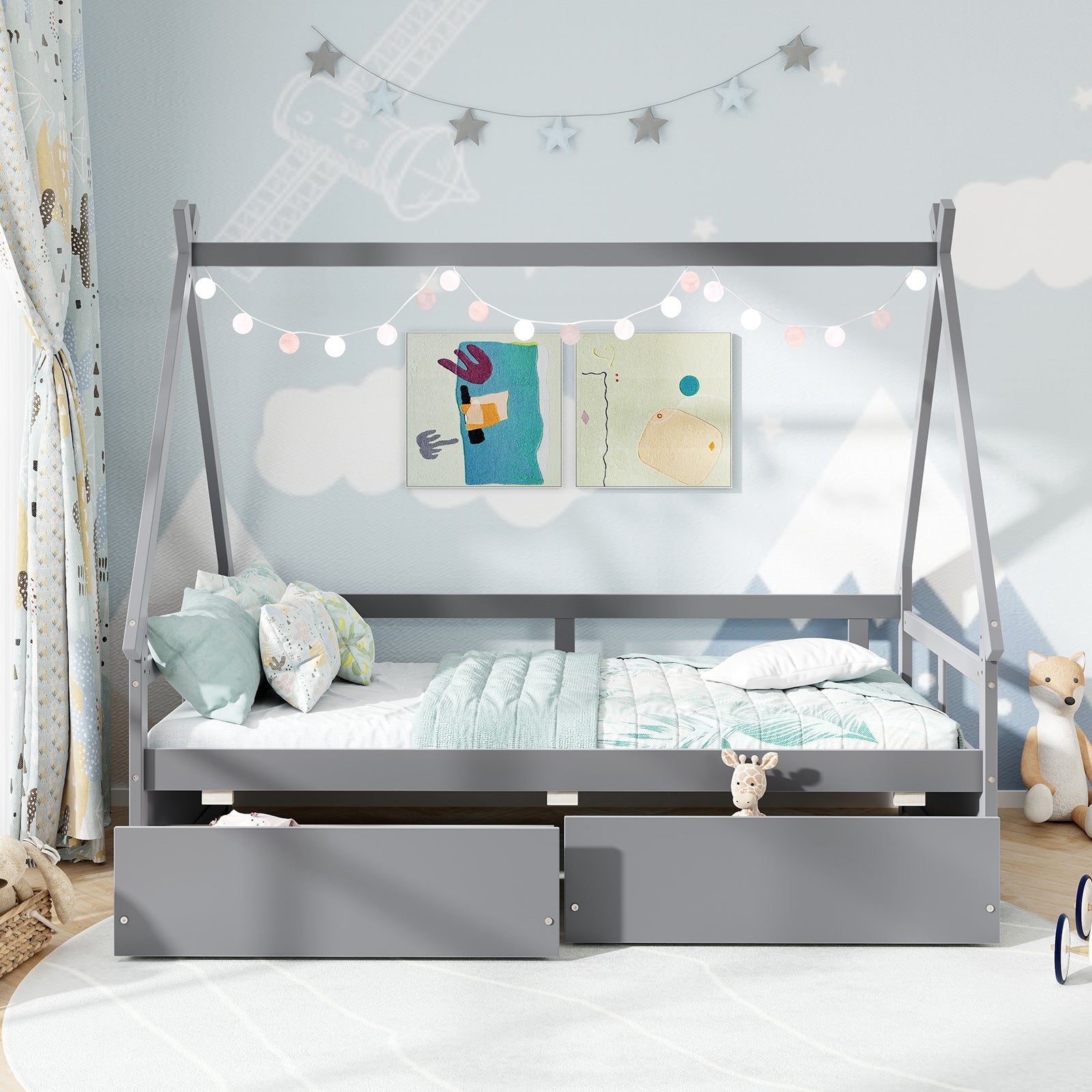 Twin Size House Bed with Roof and Safety Guardrail, Gray Toddler Beds at Gallery Canada