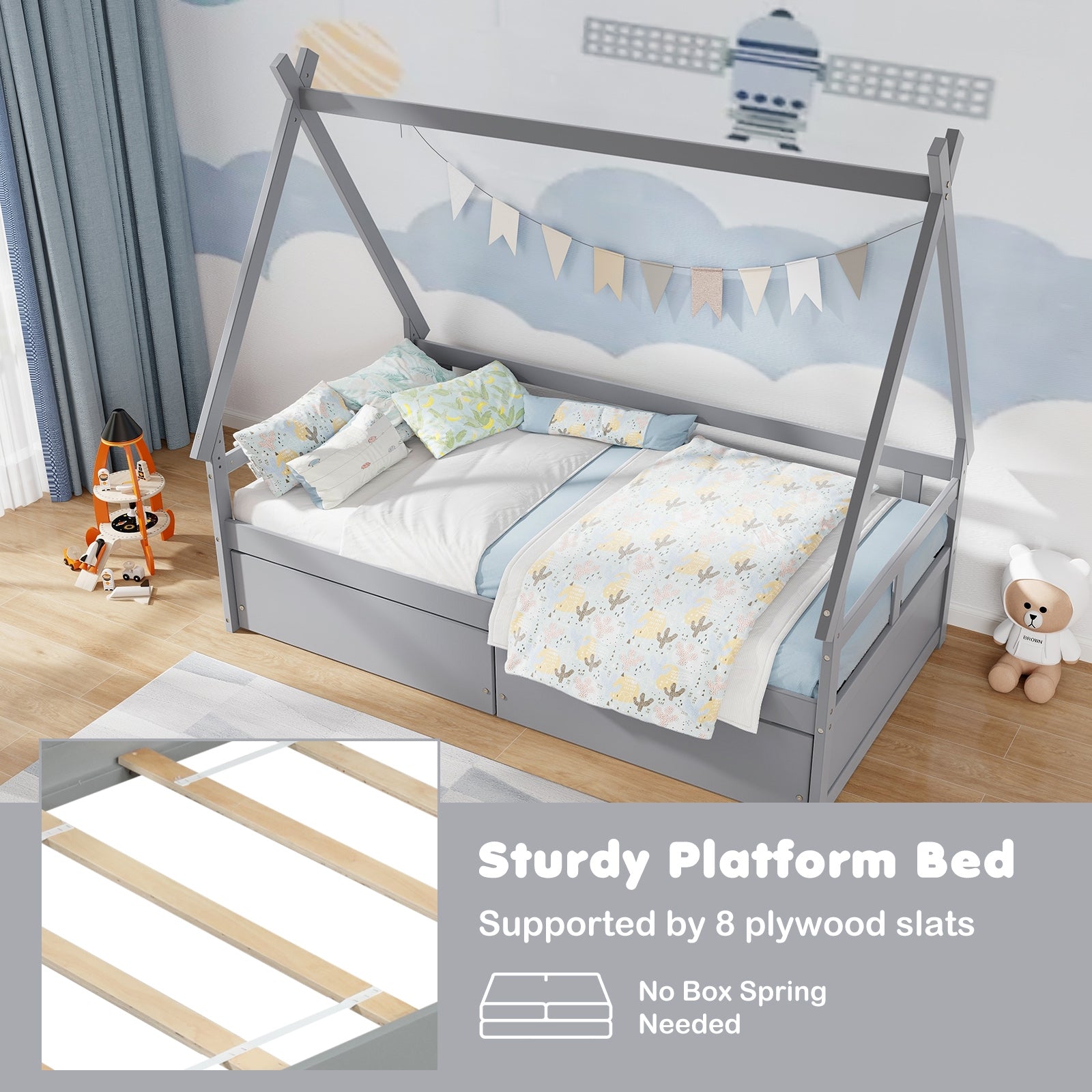 Twin Size House Bed with Roof and Safety Guardrail, Gray Toddler Beds at Gallery Canada