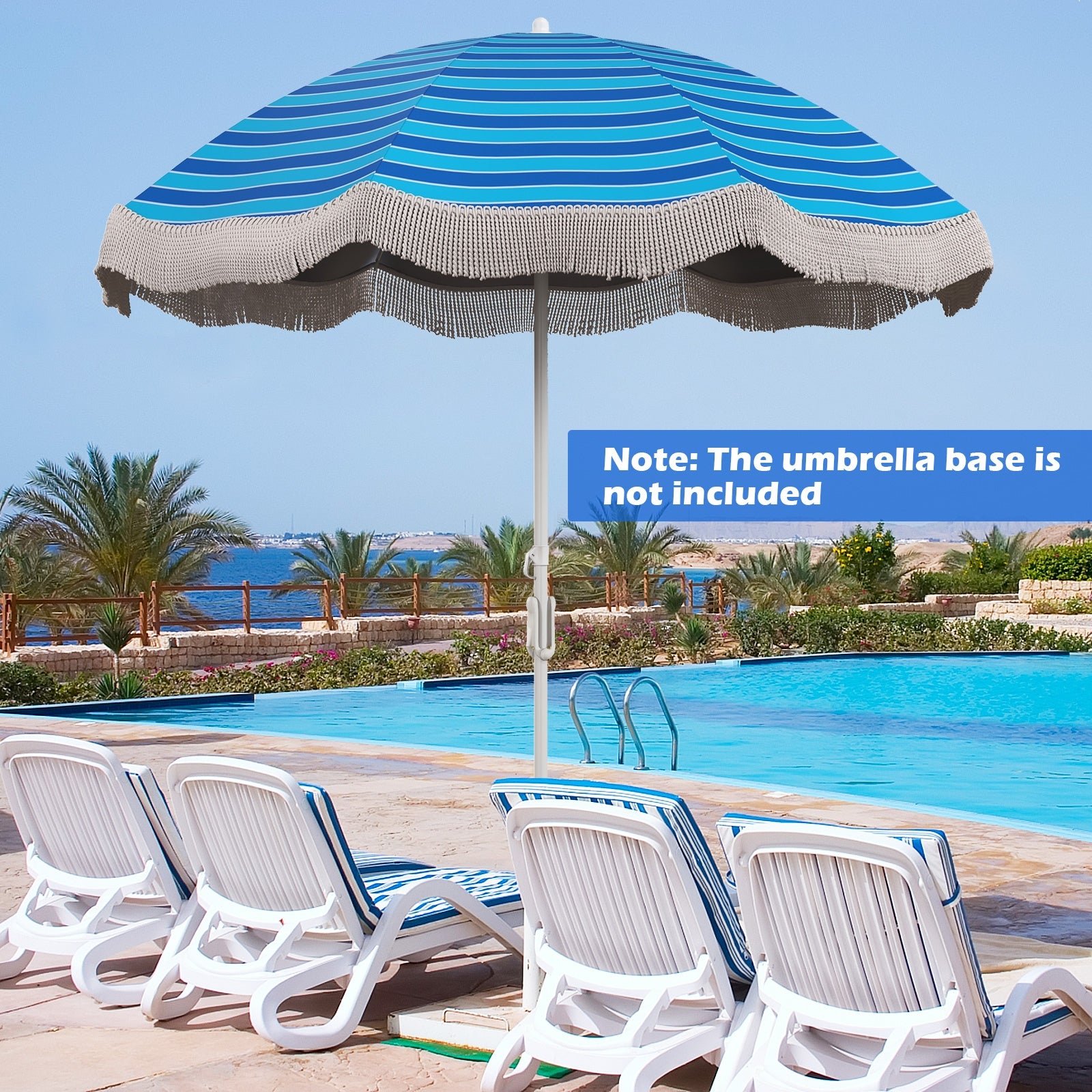 6.5 FT Beach Umbrella with Fringe Outdoor Tassel Umbrella with Push Button Tilt, Navy Outdoor Umbrellas at Gallery Canada
