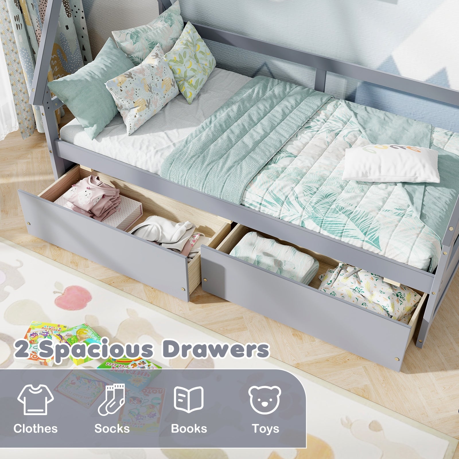Twin Size House Bed with Roof and Safety Guardrail, Gray Toddler Beds at Gallery Canada