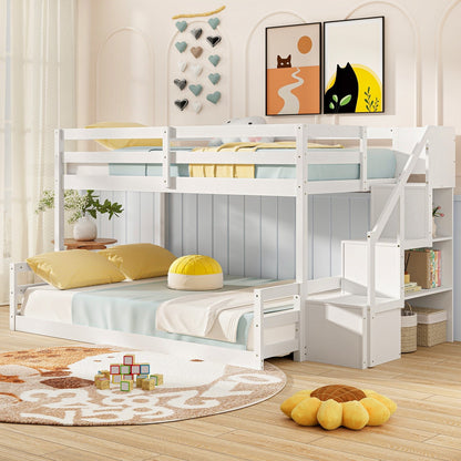 Solid Wood Twin Over Full Low Bunk Bed with Storage Stairs, White Bunk Bed Frame   at Gallery Canada