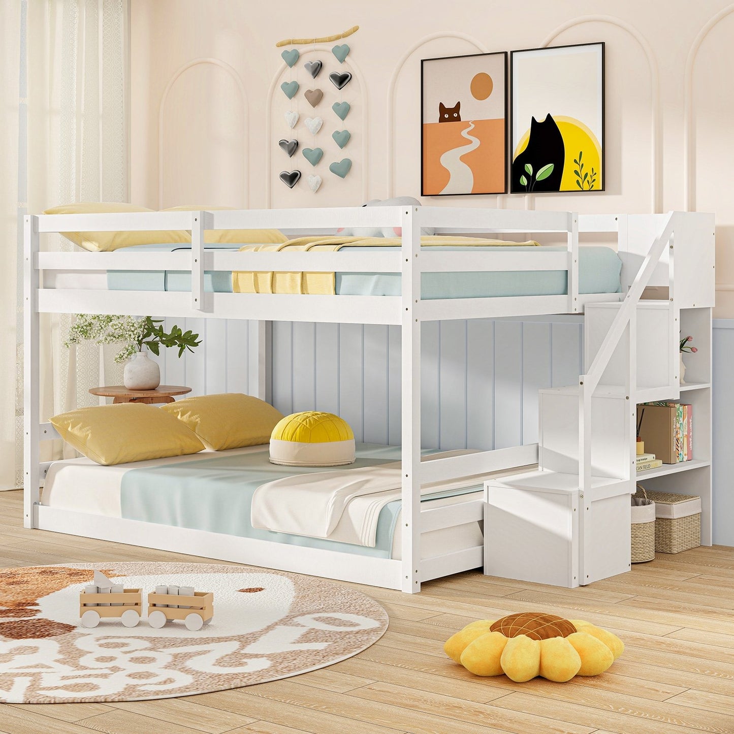 Solid Wood Full Over Full Low Bunk Bed with Storage Stairs, White Bunk Bed Frame   at Gallery Canada