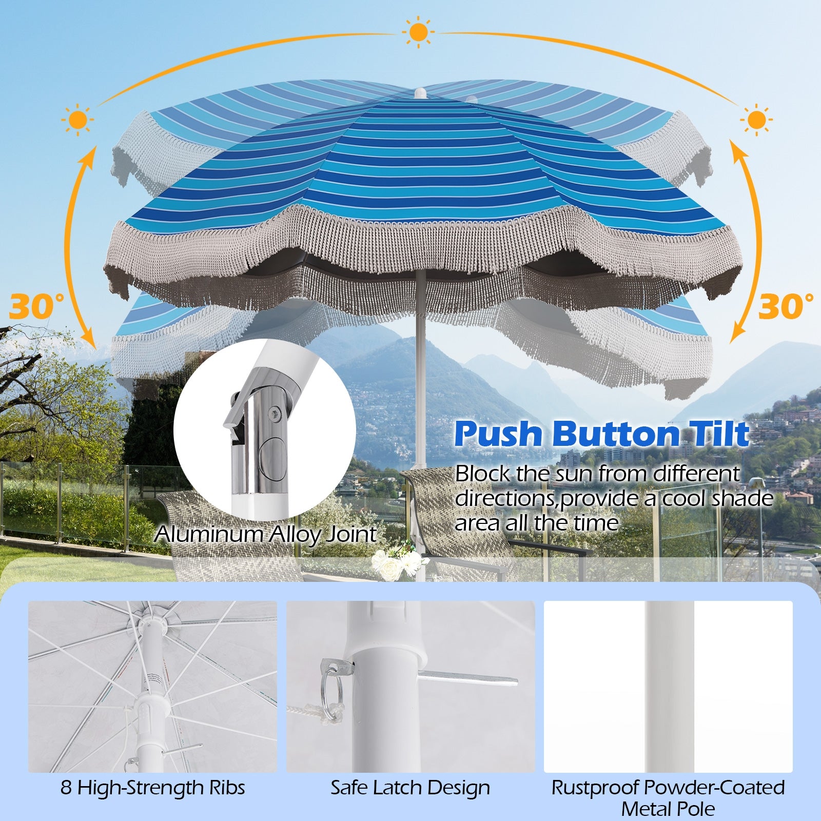 6.5 FT Beach Umbrella with Fringe Outdoor Tassel Umbrella with Push Button Tilt, Navy Outdoor Umbrellas at Gallery Canada