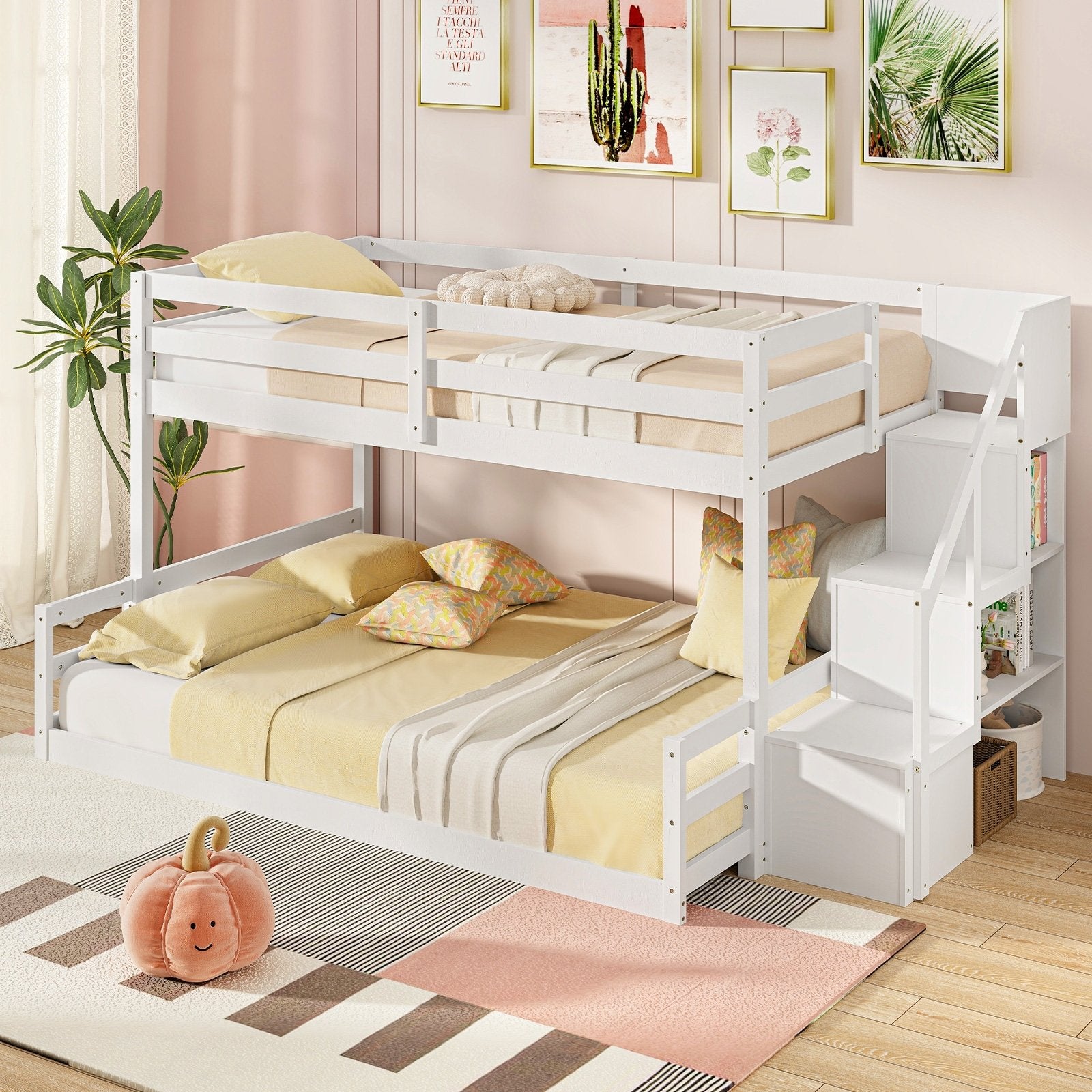 Solid Wood Twin Over Full Low Bunk Bed with Storage Stairs, White Bunk Bed Frame   at Gallery Canada