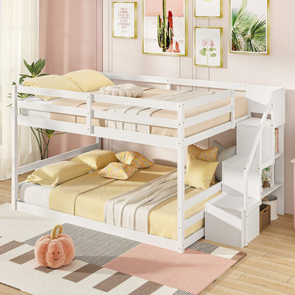 Solid Wood Full Over Full Low Bunk Bed with Storage Stairs, White Bunk Bed Frame   at Gallery Canada