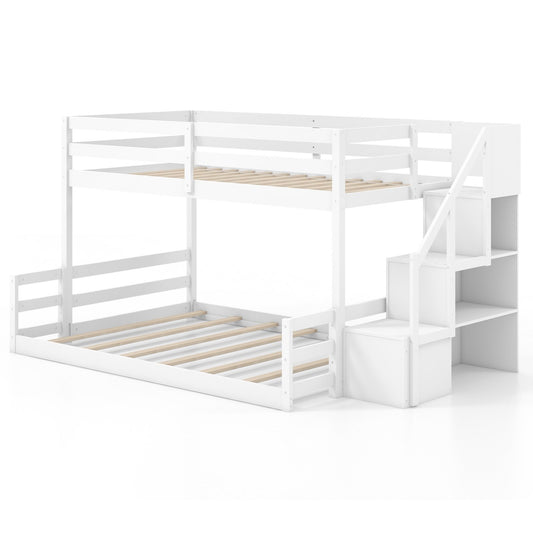 Solid Wood Twin Over Full Low Bunk Bed with Storage Stairs, White Bunk Bed Frame White  at Gallery Canada