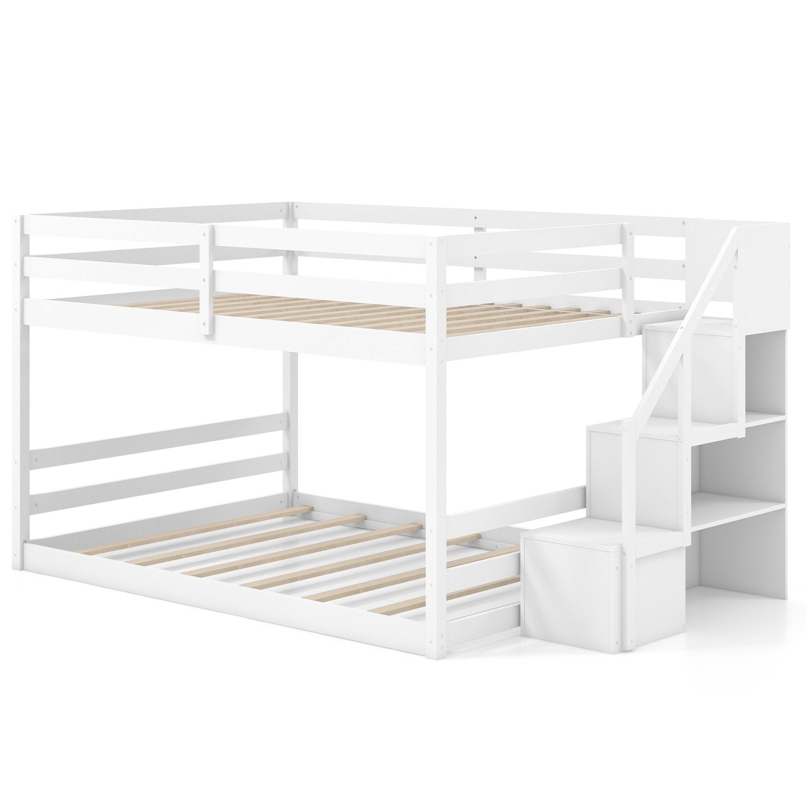 Solid Wood Full Over Full Low Bunk Bed with Storage Stairs, White Bunk Bed Frame White  at Gallery Canada