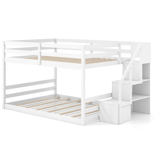 Solid Wood Full Over Full Low Bunk Bed with Storage Stairs, White