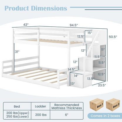 Solid Wood Twin Over Full Low Bunk Bed with Storage Stairs, White Bunk Bed Frame   at Gallery Canada