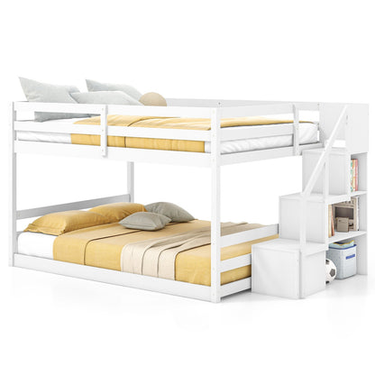 Solid Wood Full Over Full Low Bunk Bed with Storage Stairs, White Bunk Bed Frame   at Gallery Canada