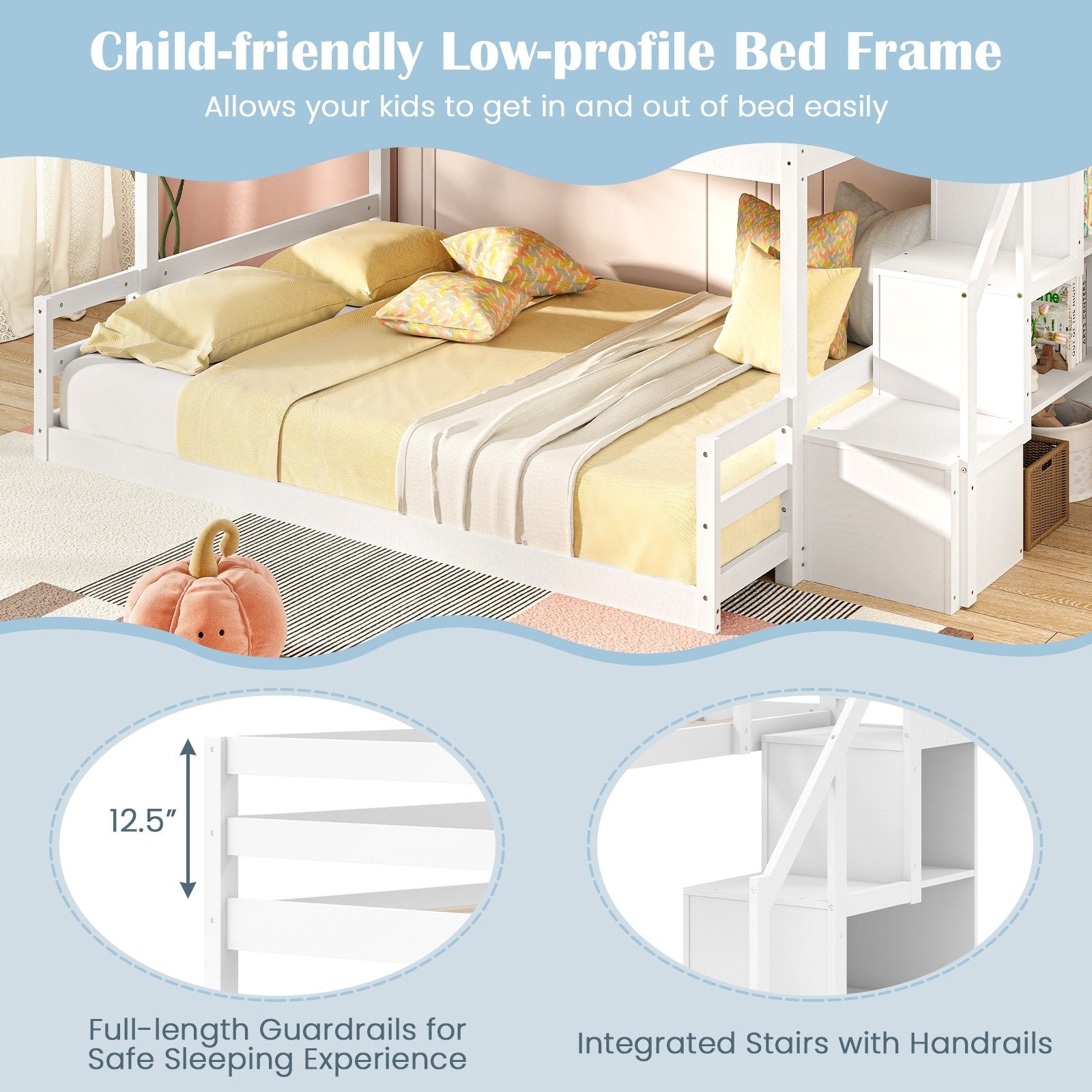 Solid Wood Twin Over Full Low Bunk Bed with Storage Stairs, White Bunk Bed Frame   at Gallery Canada