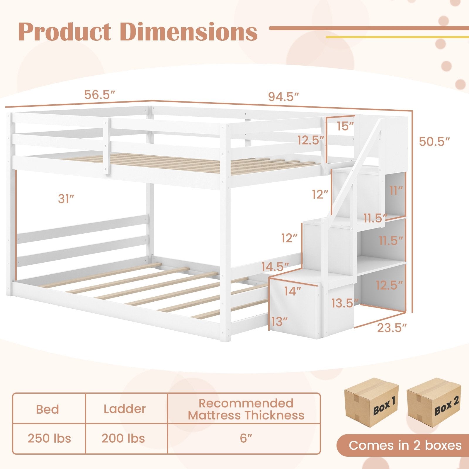 Solid Wood Full Over Full Low Bunk Bed with Storage Stairs, White Bunk Bed Frame   at Gallery Canada