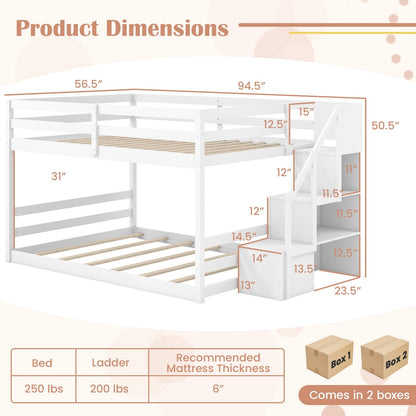 Solid Wood Full Over Full Low Bunk Bed with Storage Stairs, White Bunk Bed Frame   at Gallery Canada