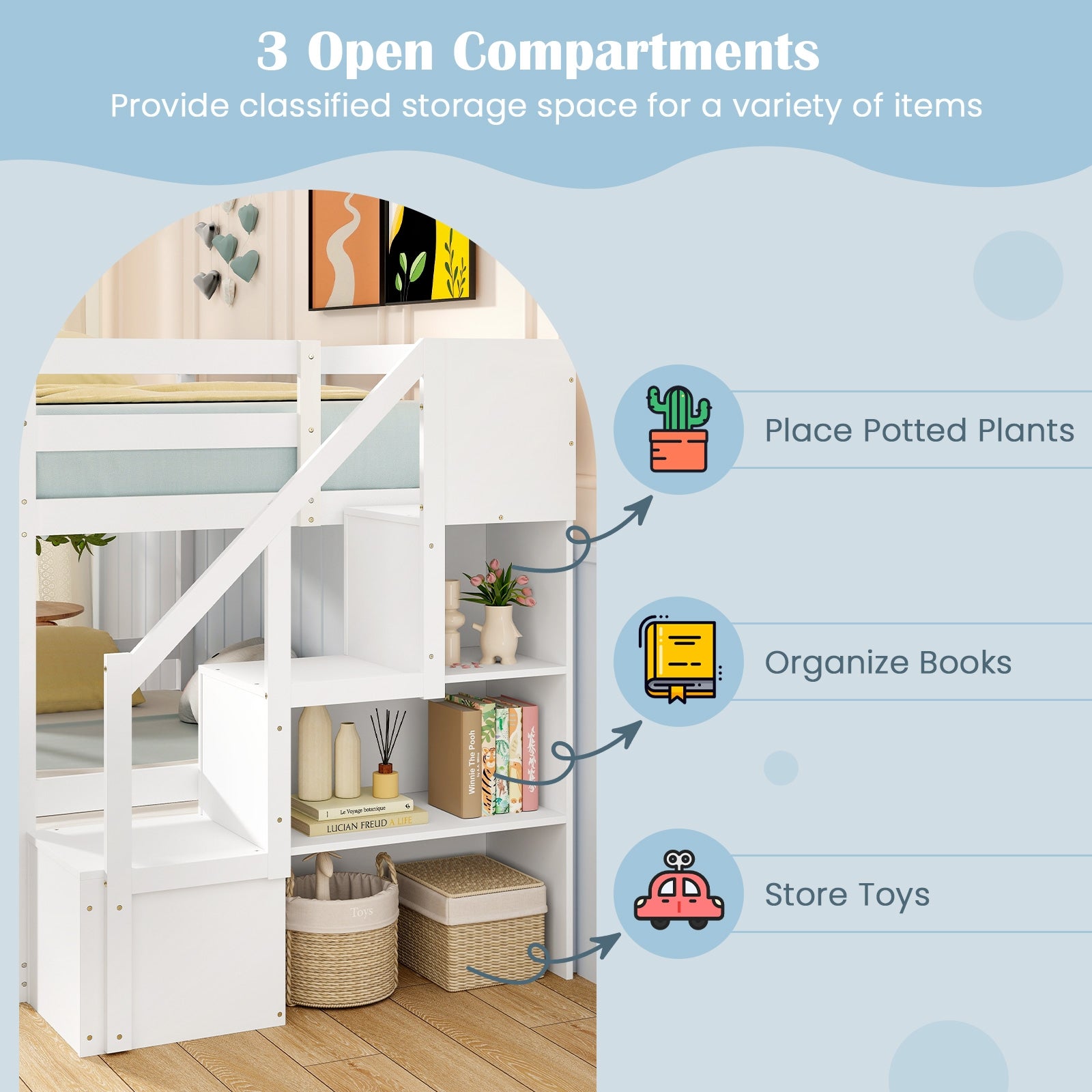 Solid Wood Twin Over Full Low Bunk Bed with Storage Stairs, White Bunk Bed Frame   at Gallery Canada