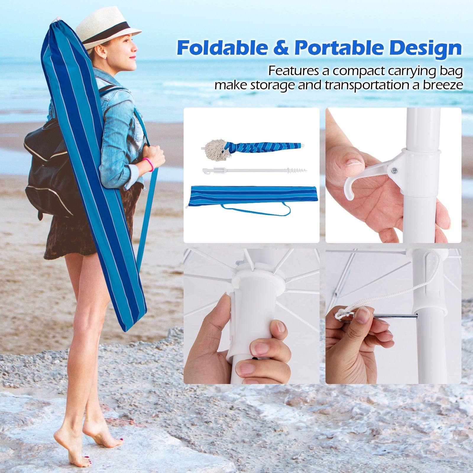 6.5 FT Beach Umbrella with Fringe Outdoor Tassel Umbrella with Push Button Tilt, Navy Outdoor Umbrellas at Gallery Canada