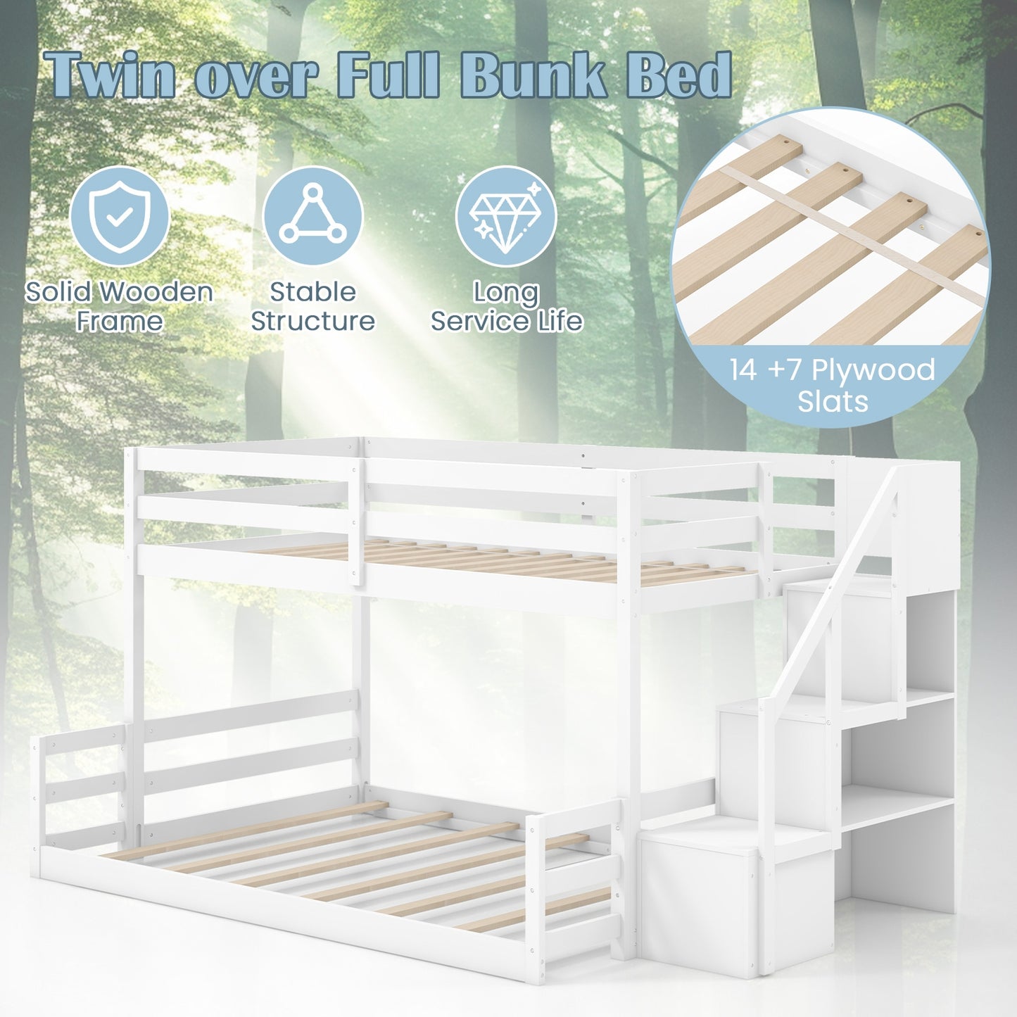 Solid Wood Twin Over Full Low Bunk Bed with Storage Stairs, White Bunk Bed Frame   at Gallery Canada