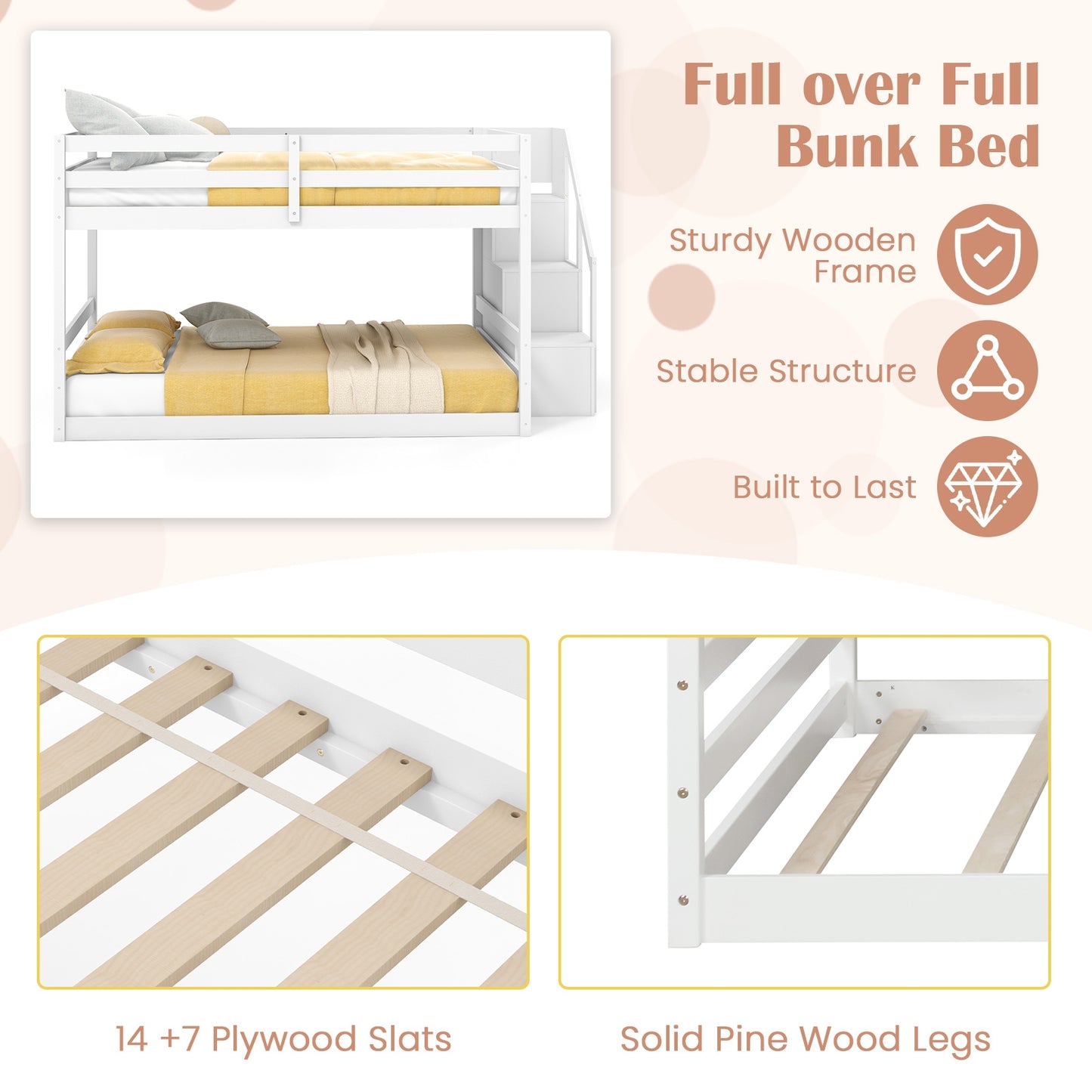 Solid Wood Full Over Full Low Bunk Bed with Storage Stairs, White Bunk Bed Frame   at Gallery Canada