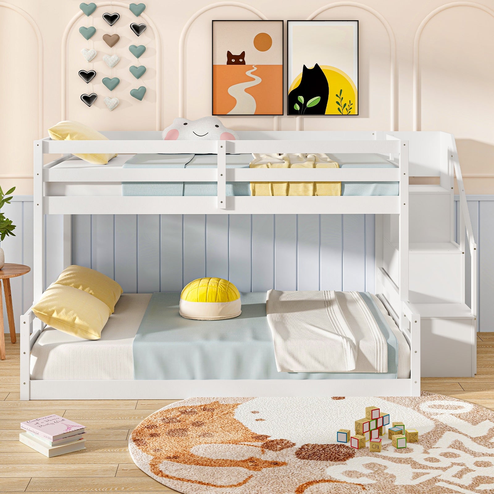 Solid Wood Twin Over Full Low Bunk Bed with Storage Stairs, White Bunk Bed Frame   at Gallery Canada