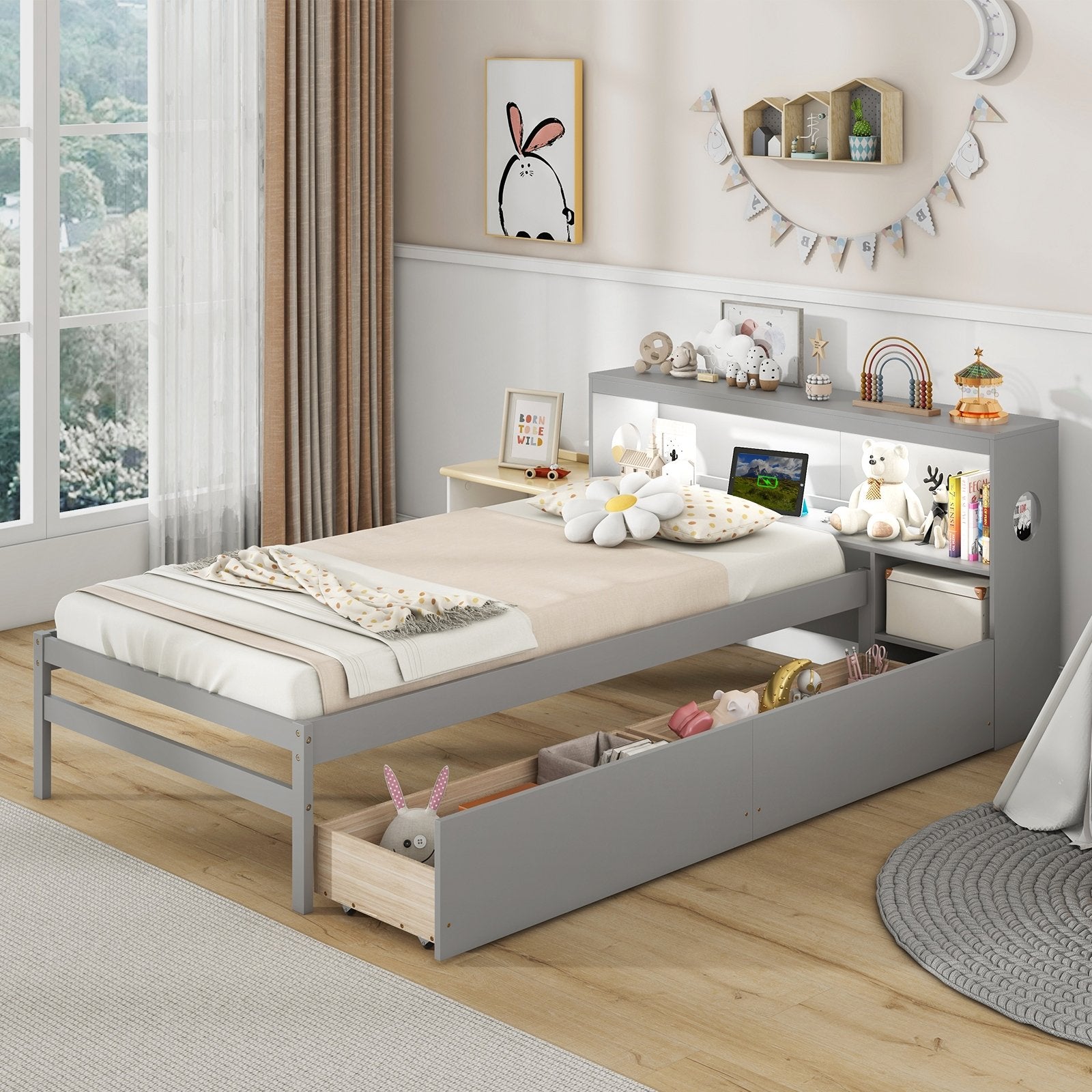 Twin Size Bed Frame with LED Light and Bookcase Headboard, Gray Trundle Bed Frame   at Gallery Canada