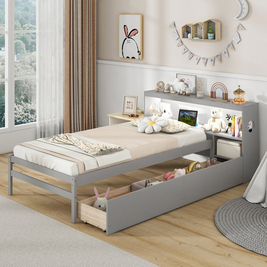 Twin Size Bed Frame with LED Light and Bookcase Headboard, Gray Trundle Bed Frame Gray  at Gallery Canada