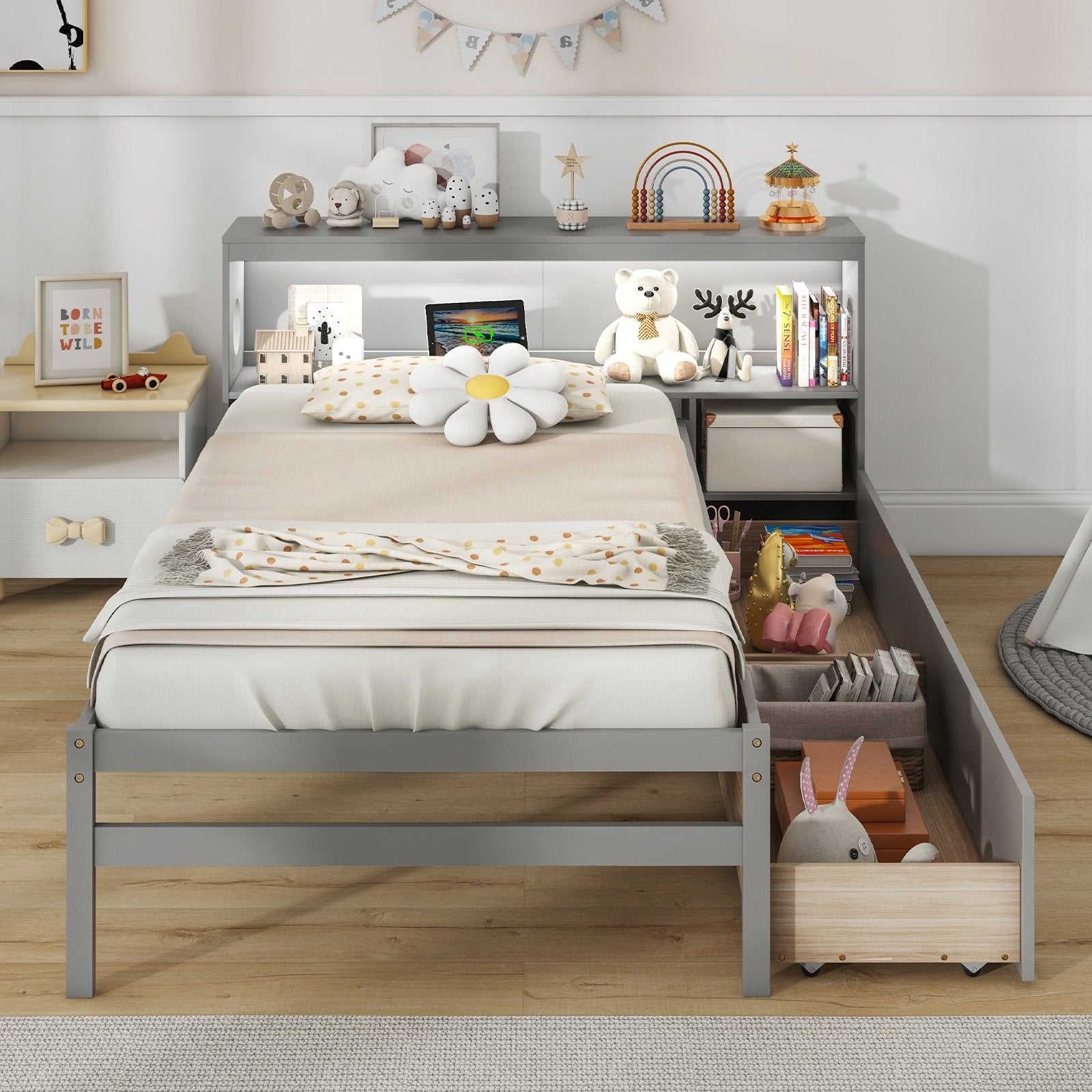 Twin Size Bed Frame with LED Light and Bookcase Headboard, Gray Trundle Bed Frame   at Gallery Canada