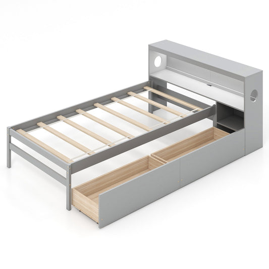 Twin Size Bed Frame with LED Light and Bookcase Headboard, Gray Trundle Bed Frame Gray  at Gallery Canada