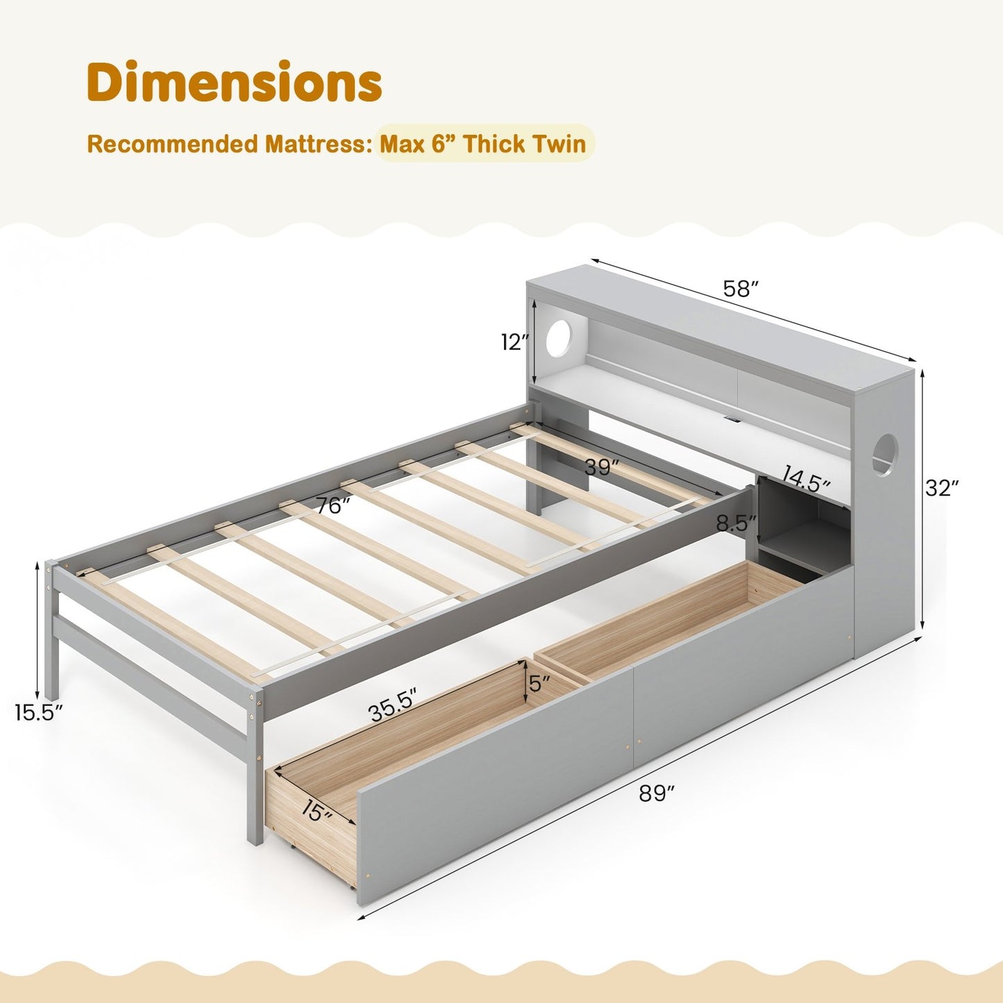 Twin Size Bed Frame with LED Light and Bookcase Headboard, Gray Trundle Bed Frame   at Gallery Canada