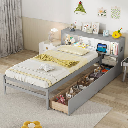 Twin Size Bed Frame with LED Light and Bookcase Headboard, Gray Trundle Bed Frame   at Gallery Canada