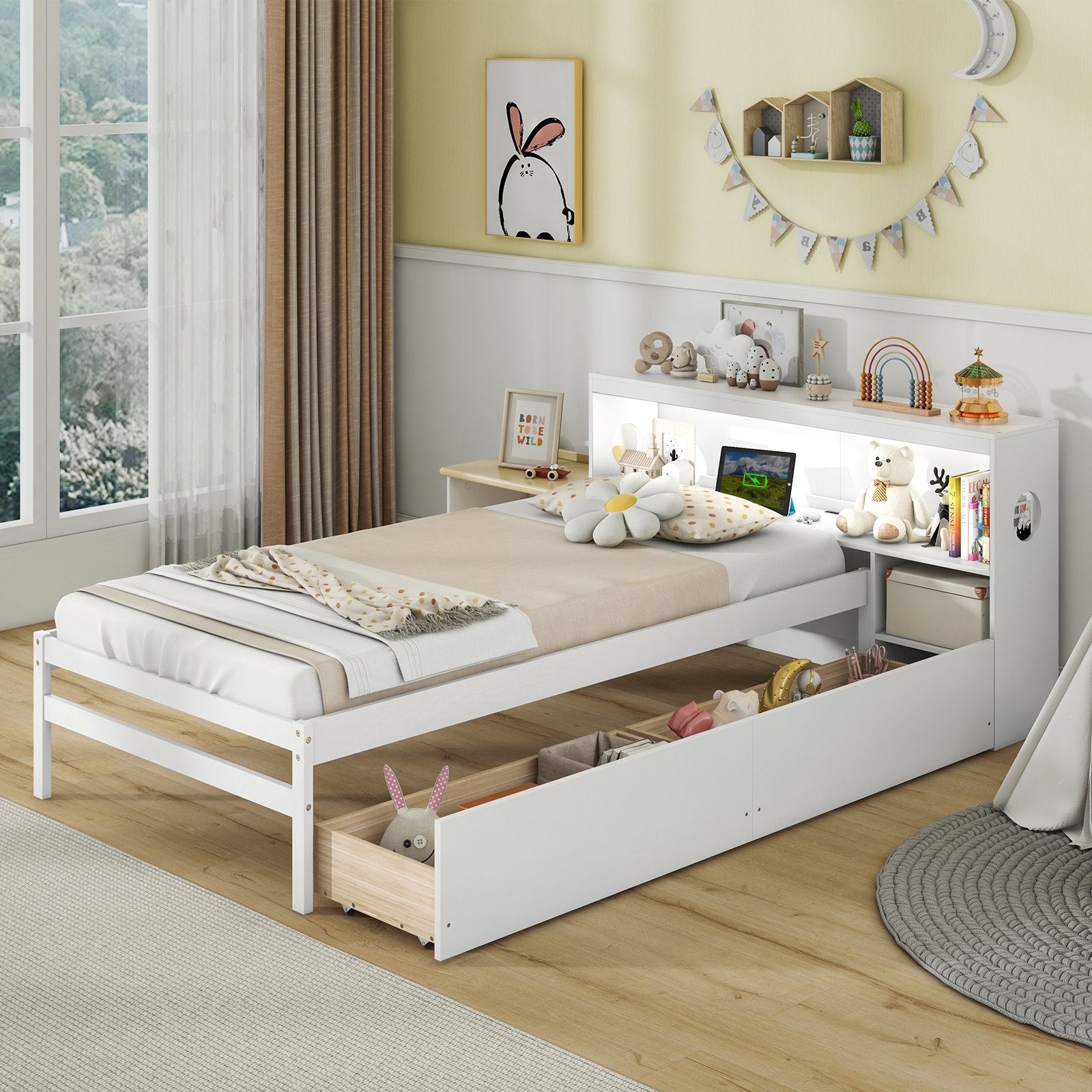 Twin Size Bed Frame with LED Light and Bookcase Headboard, White Trundle Bed Frame   at Gallery Canada