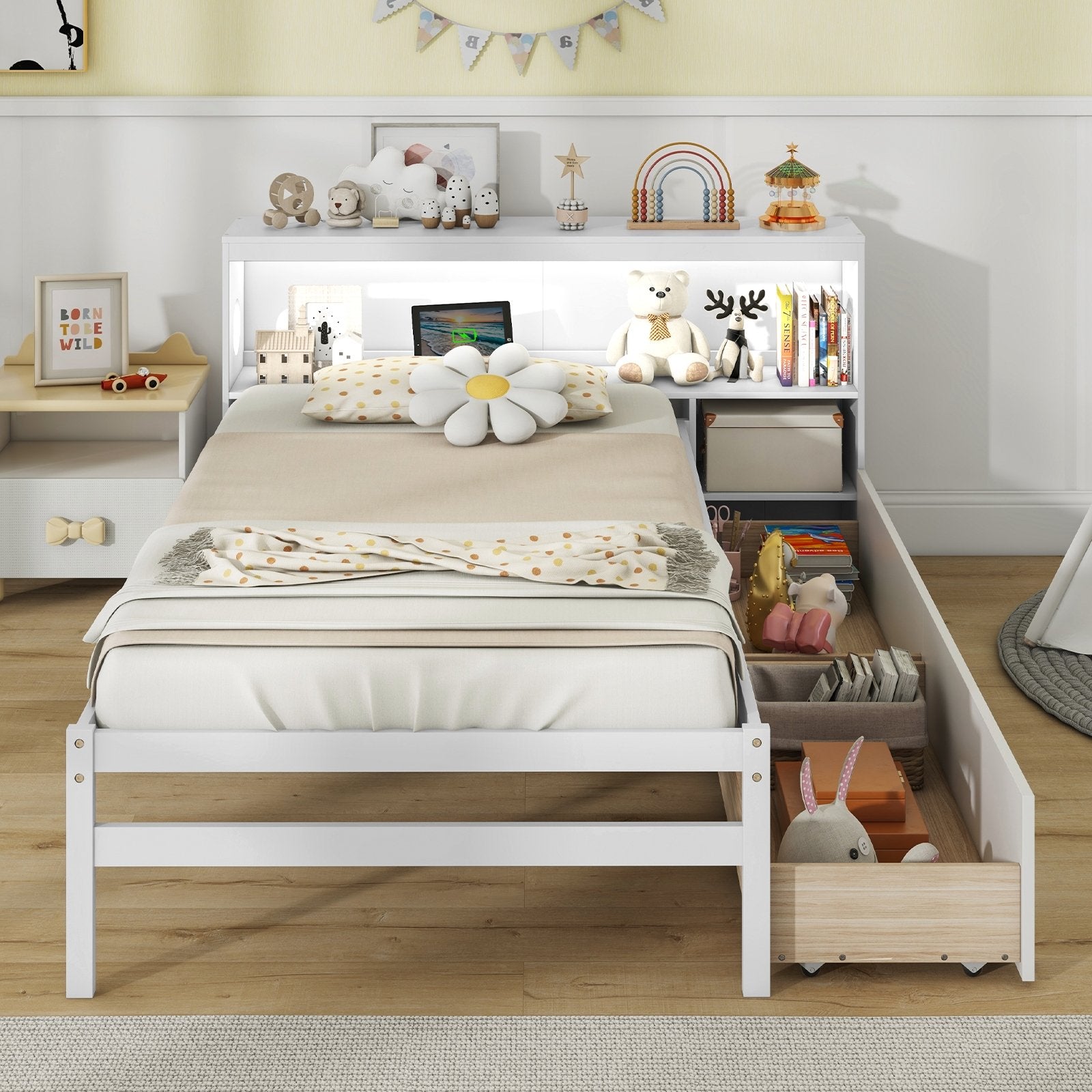 Twin Size Bed Frame with LED Light and Bookcase Headboard, White Trundle Bed Frame   at Gallery Canada