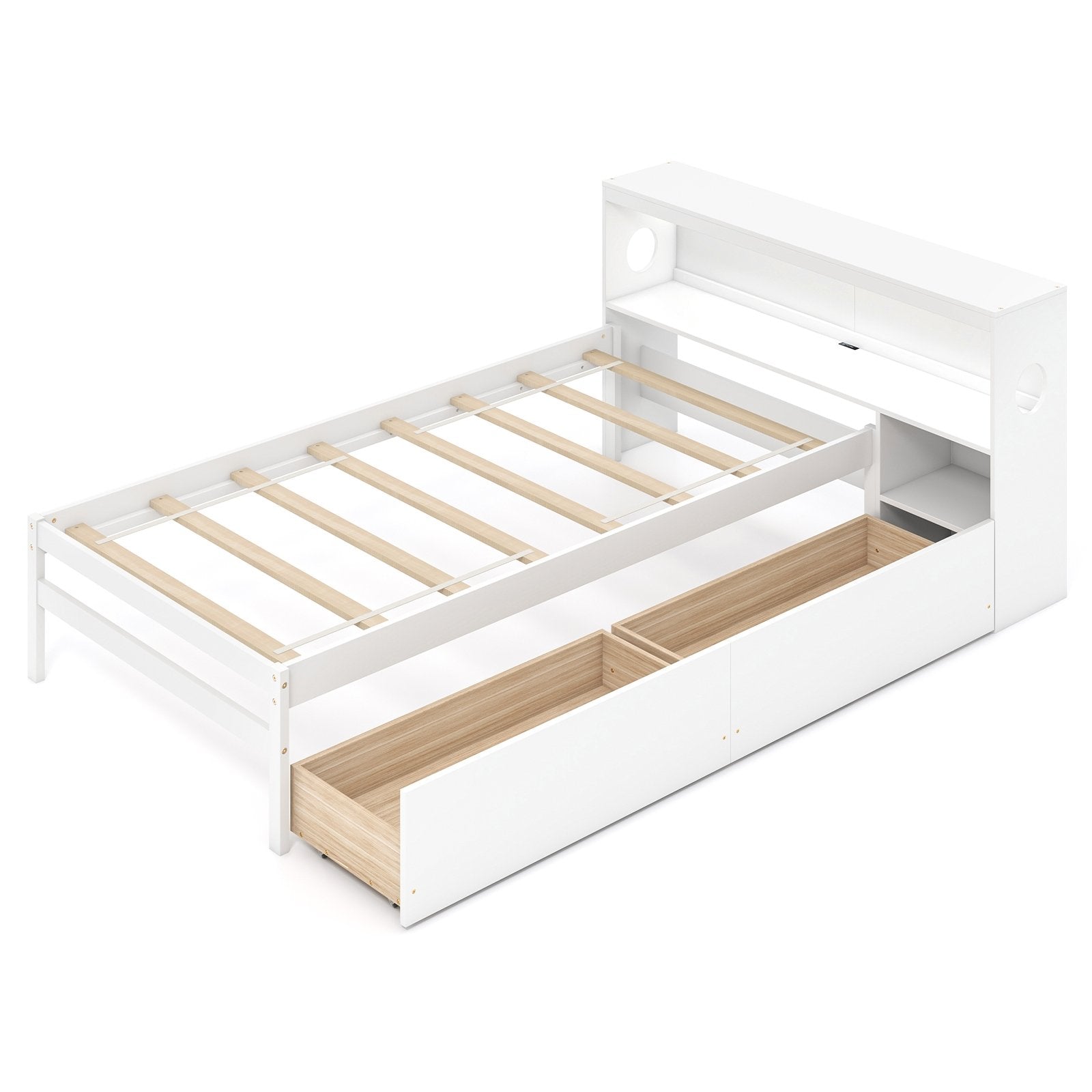 Twin Size Bed Frame with LED Light and Bookcase Headboard, White Trundle Bed Frame White  at Gallery Canada