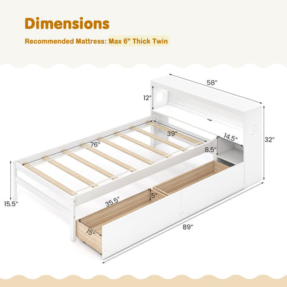 Twin Size Bed Frame with LED Light and Bookcase Headboard, White Trundle Bed Frame   at Gallery Canada