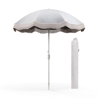 6.5 FT Beach Umbrella with Fringe Outdoor Tassel Umbrella with Push Button Tilt, White Outdoor Umbrellas White  at Gallery Canada