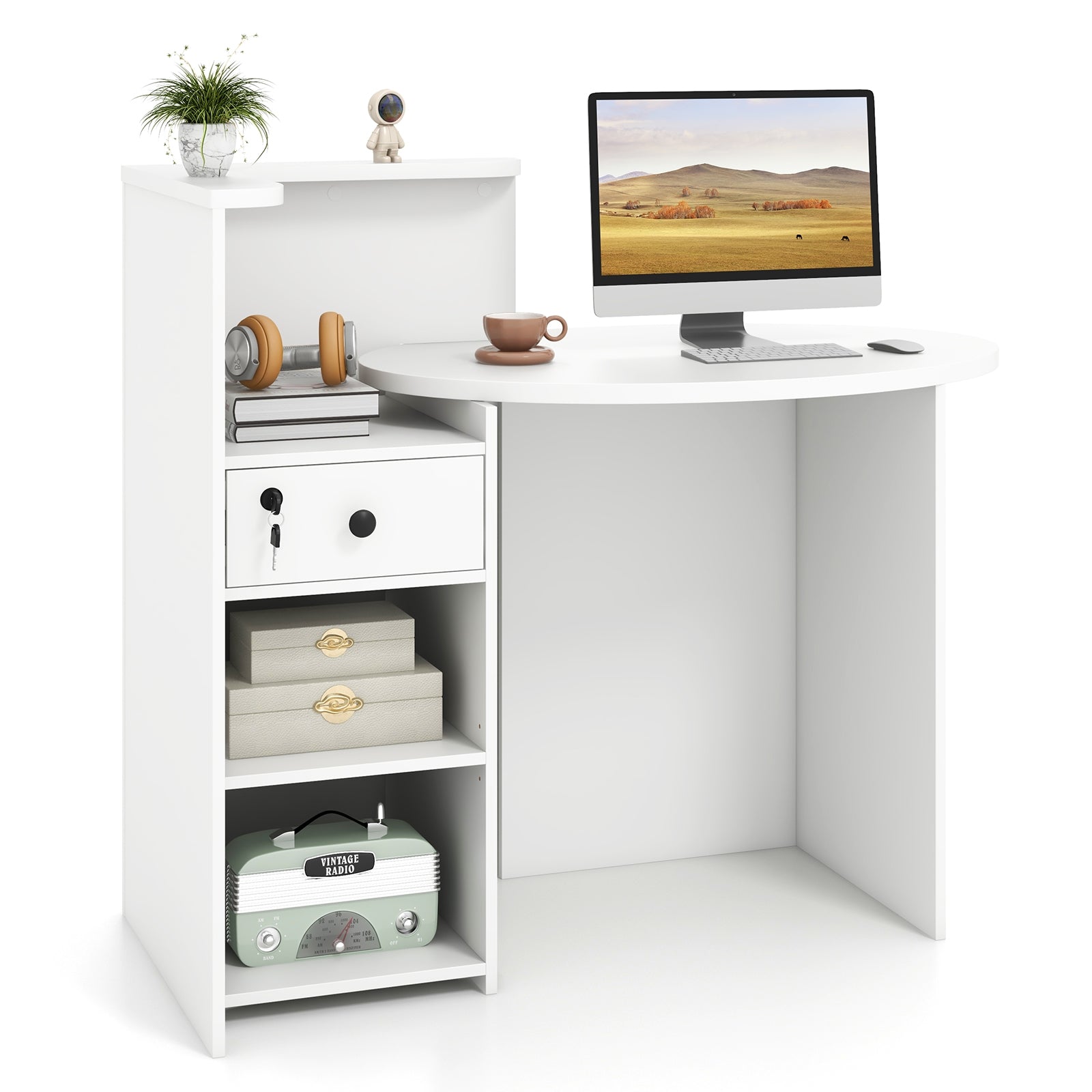 Reception Office Desk with Open Shelf and Lockable Drawer, White Corner Desks White at Gallery Canada
