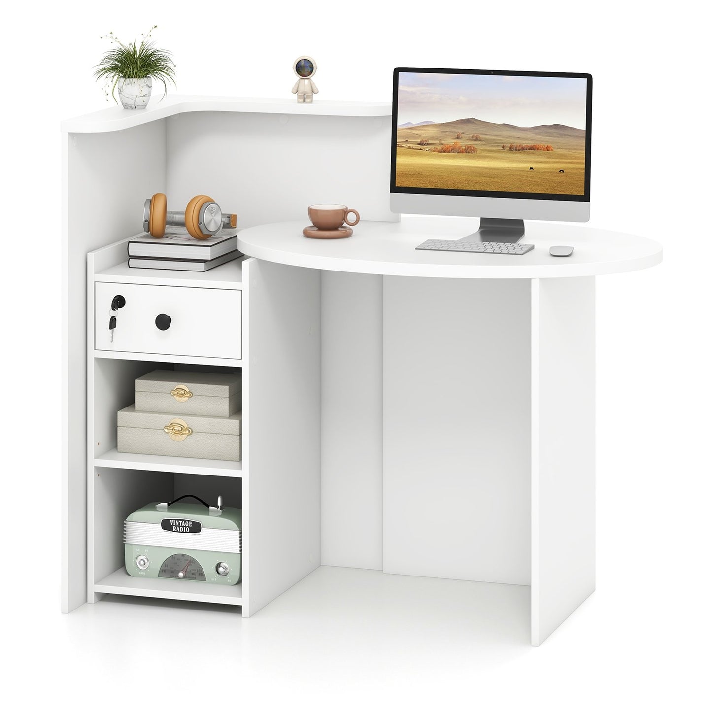 Reception Office Desk with Open Shelf and Lockable Drawer, White Corner Desks   at Gallery Canada