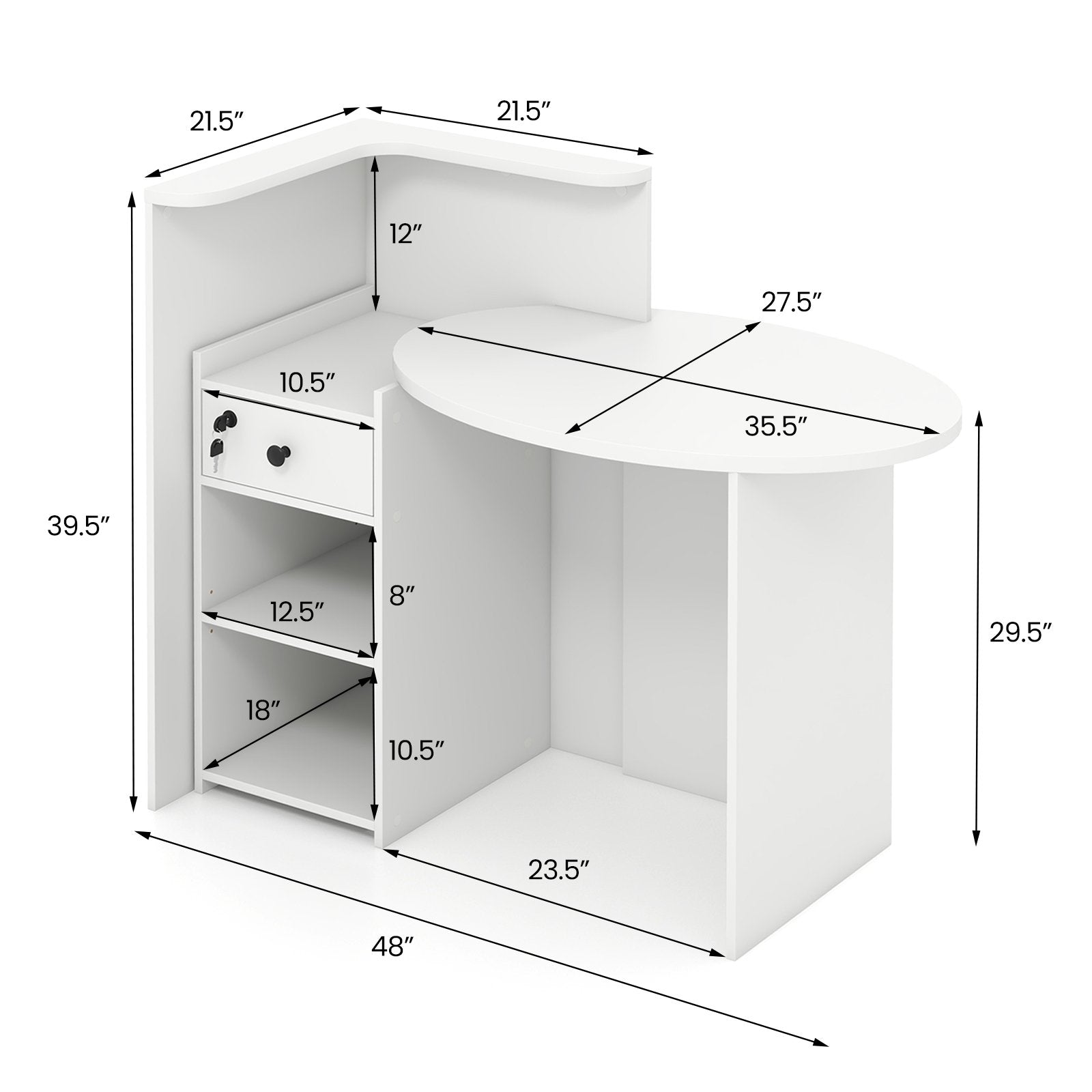 Reception Office Desk with Open Shelf and Lockable Drawer, White Corner Desks   at Gallery Canada