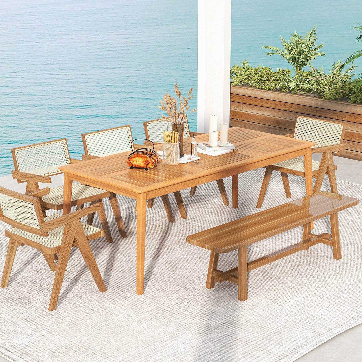 8-Person Outdoor Acacia Wood Dining Rectangular Bistro Table with Umbrella Hole, Natural Patio Dining Tables   at Gallery Canada