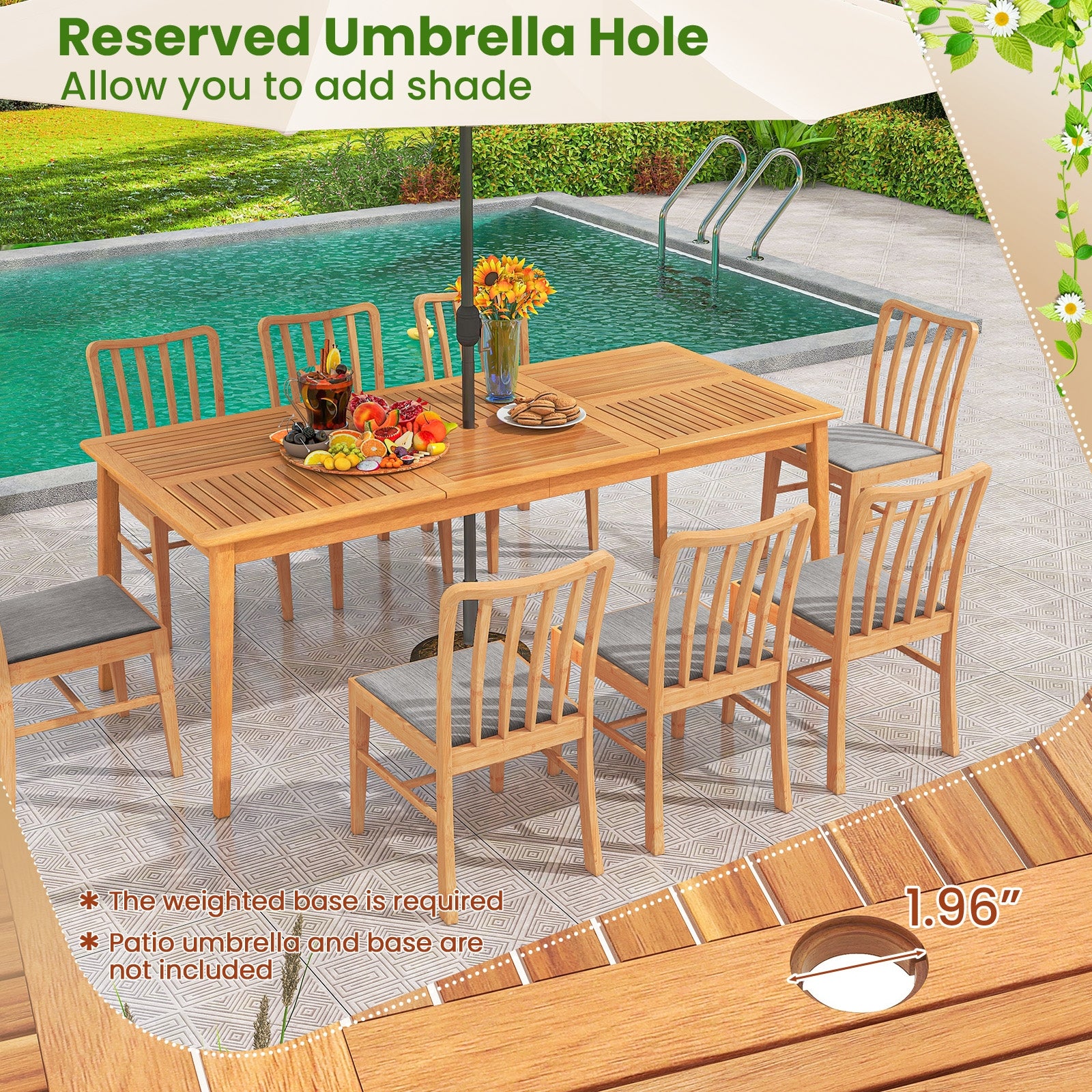 8-Person Outdoor Acacia Wood Dining Rectangular Bistro Table with Umbrella Hole, Natural Patio Dining Tables   at Gallery Canada