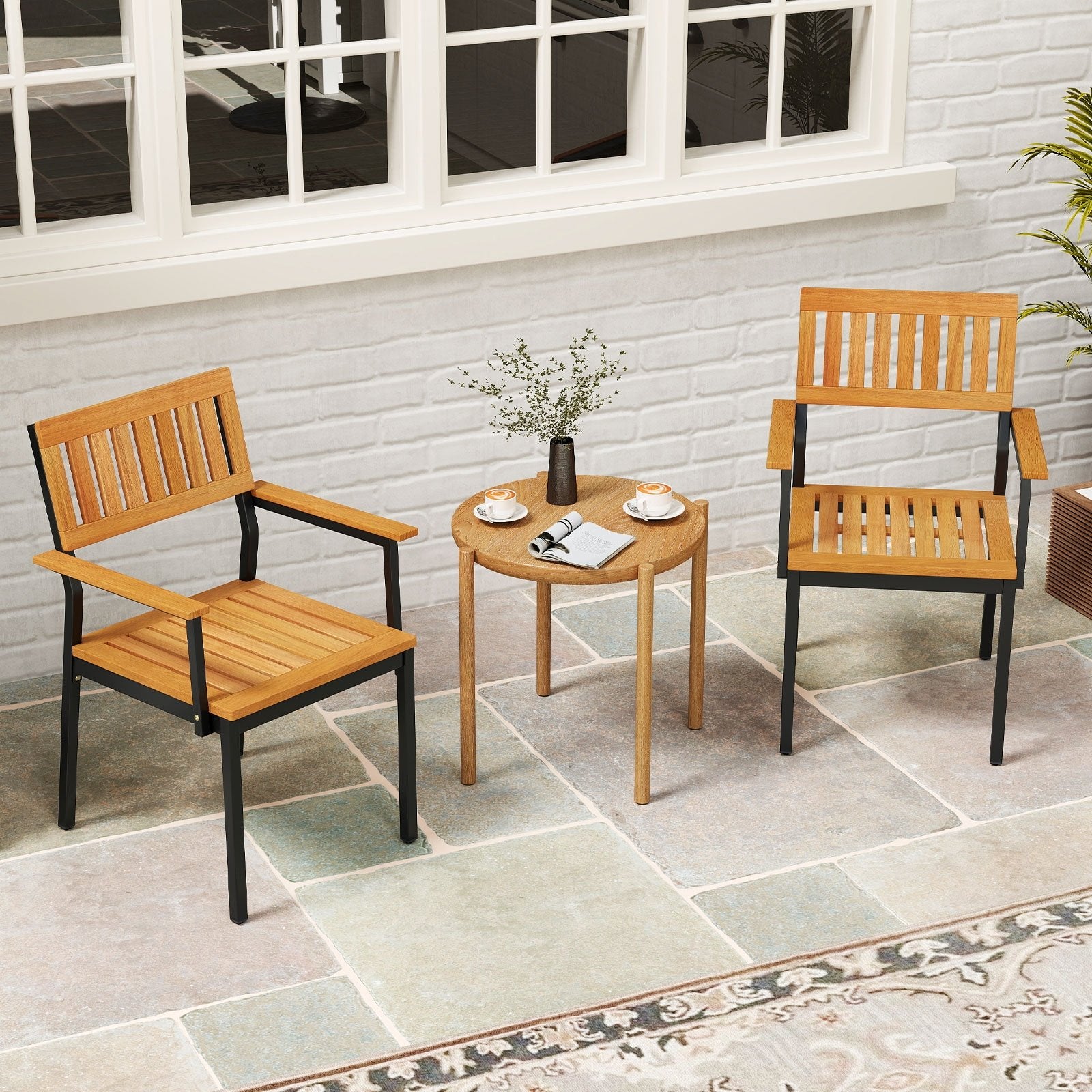 Patio Outdoor Dining Chair Set of 2 with Metal and Acacia Wood Frame, Natural Patio Dining Chairs   at Gallery Canada