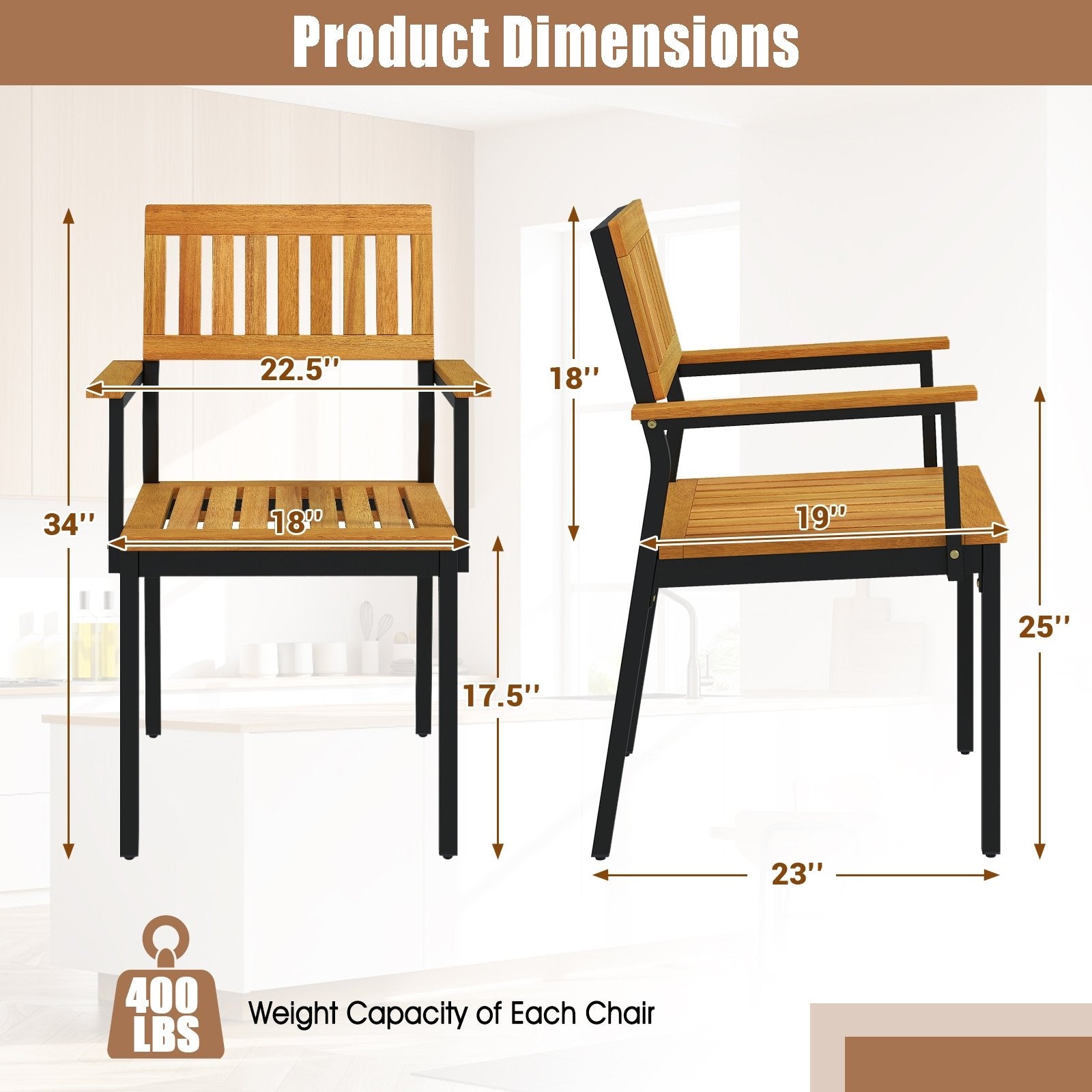 Patio Outdoor Dining Chair Set of 2 with Metal and Acacia Wood Frame, Natural Patio Dining Chairs   at Gallery Canada