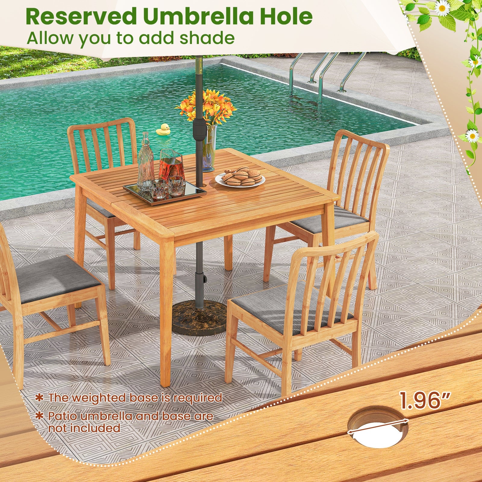 39 Inch Acacia Wood Dining Square Bistro Table with 1.96 Inch Umbrella Hole, Natural Patio Dining Tables   at Gallery Canada