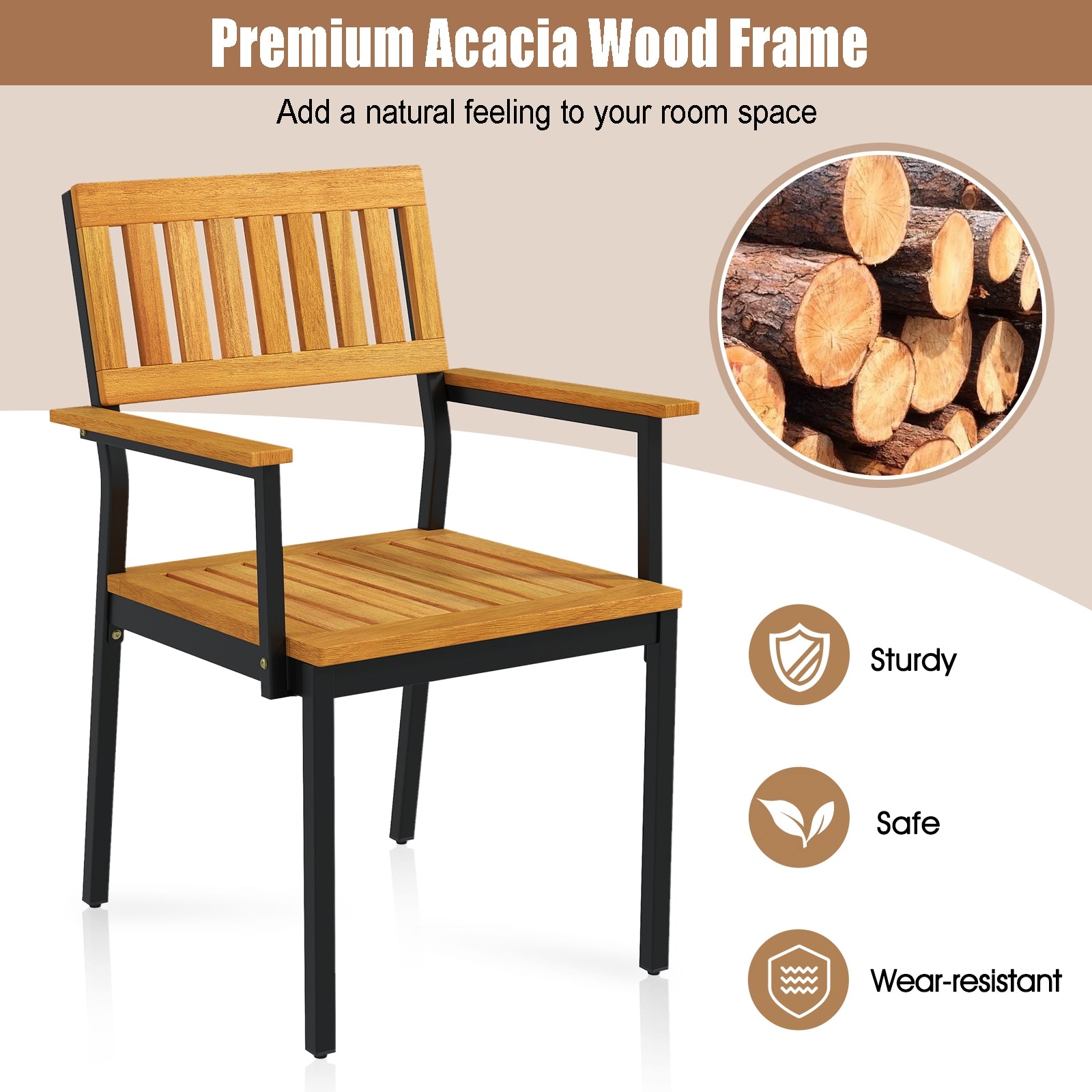 Patio Outdoor Dining Chair Set of 2 with Metal and Acacia Wood Frame, Natural Patio Dining Chairs   at Gallery Canada