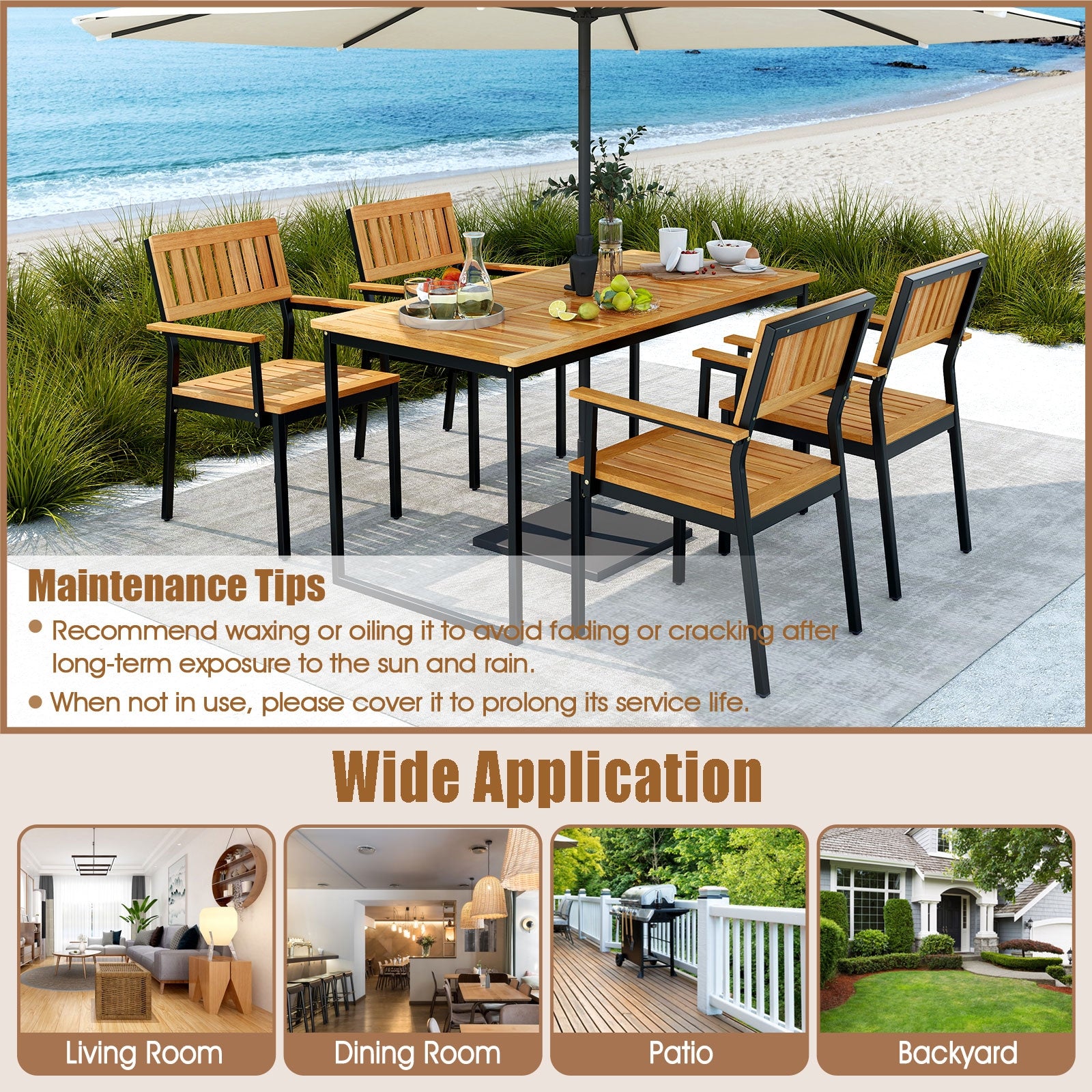 Patio Outdoor Dining Chair Set of 2 with Metal and Acacia Wood Frame, Natural Patio Dining Chairs   at Gallery Canada