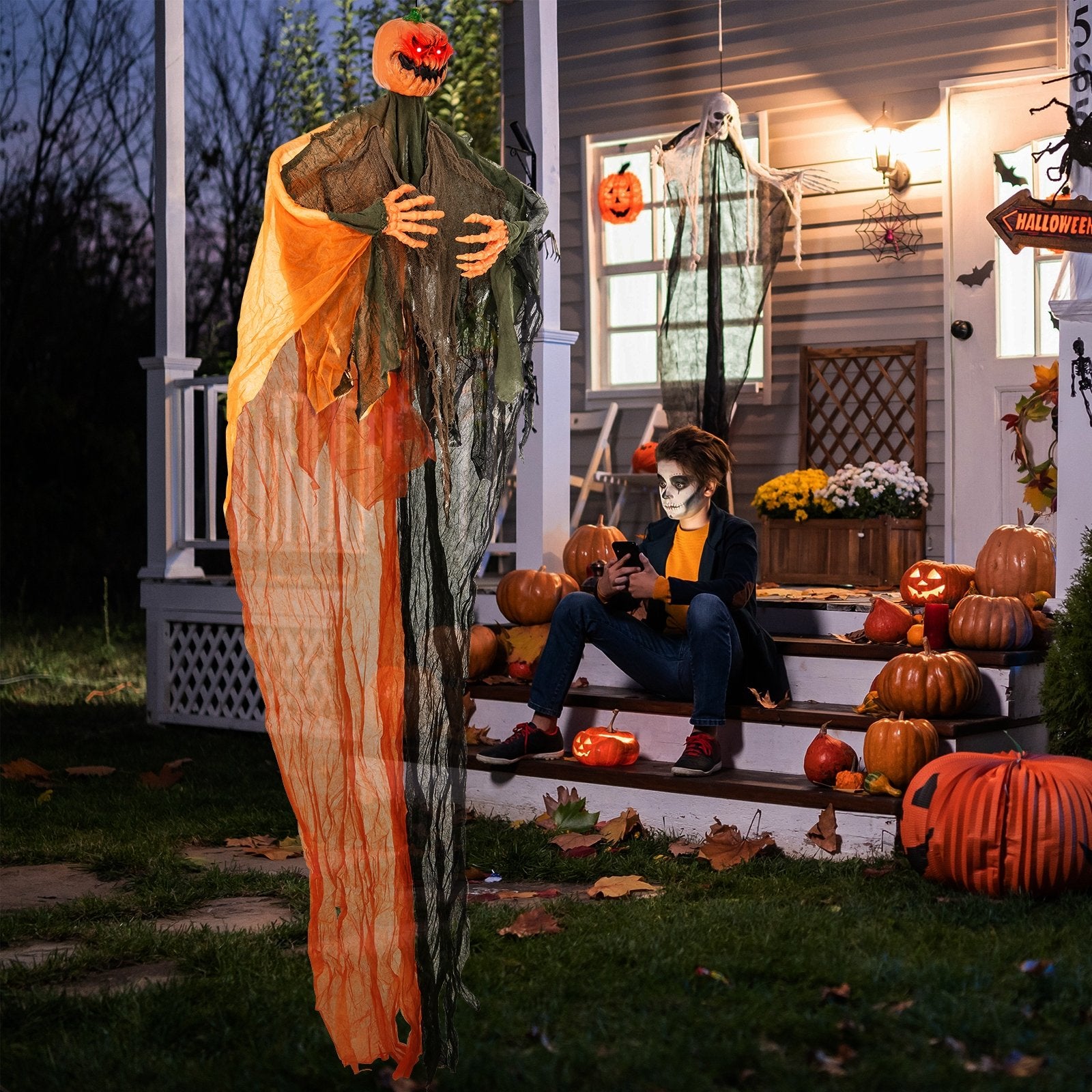 6 Feet Hanging Pumpkin Ghost with Red Glowing Eyes and Bendable Arms Halloween   at Gallery Canada