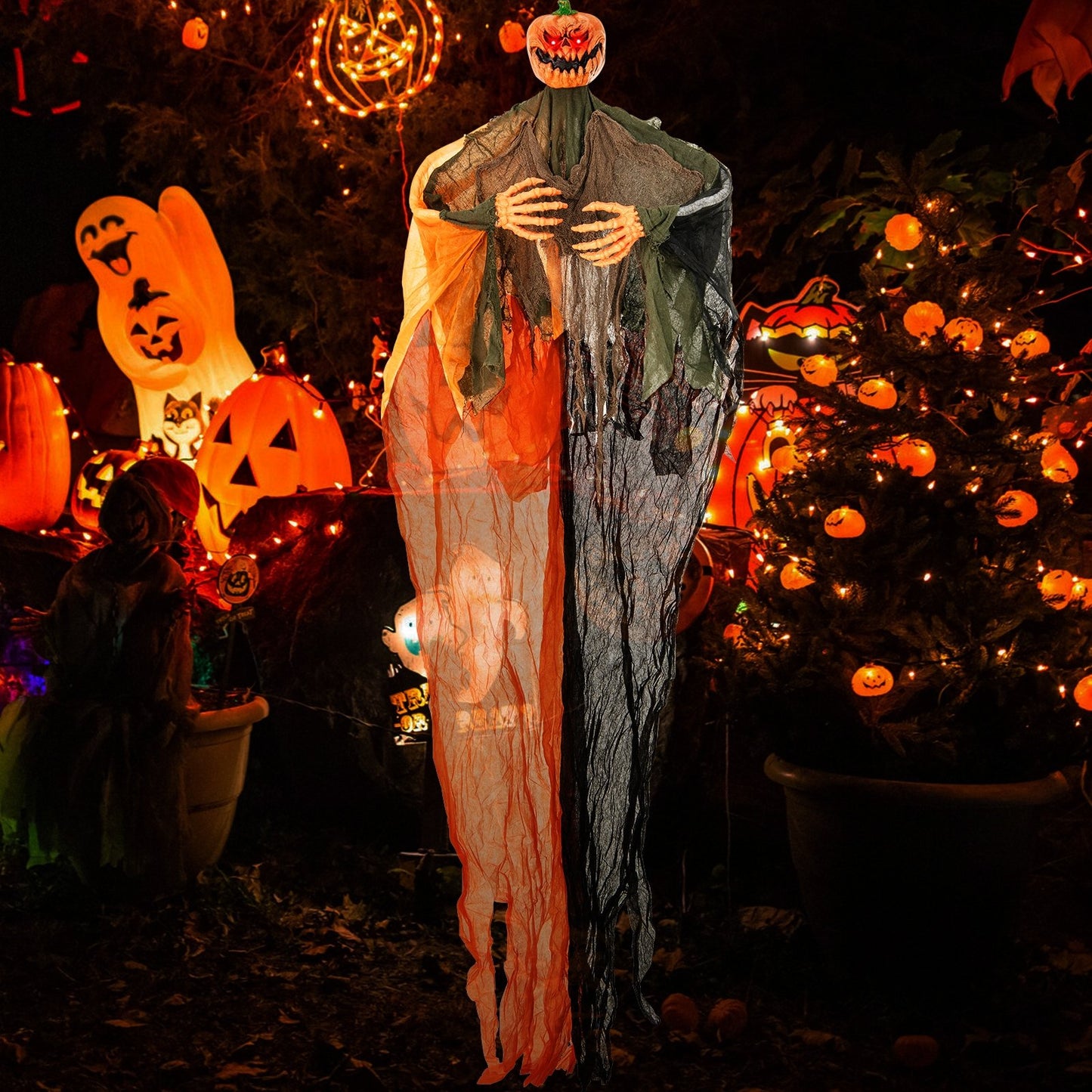 6 Feet Hanging Pumpkin Ghost with Red Glowing Eyes and Bendable Arms Halloween   at Gallery Canada