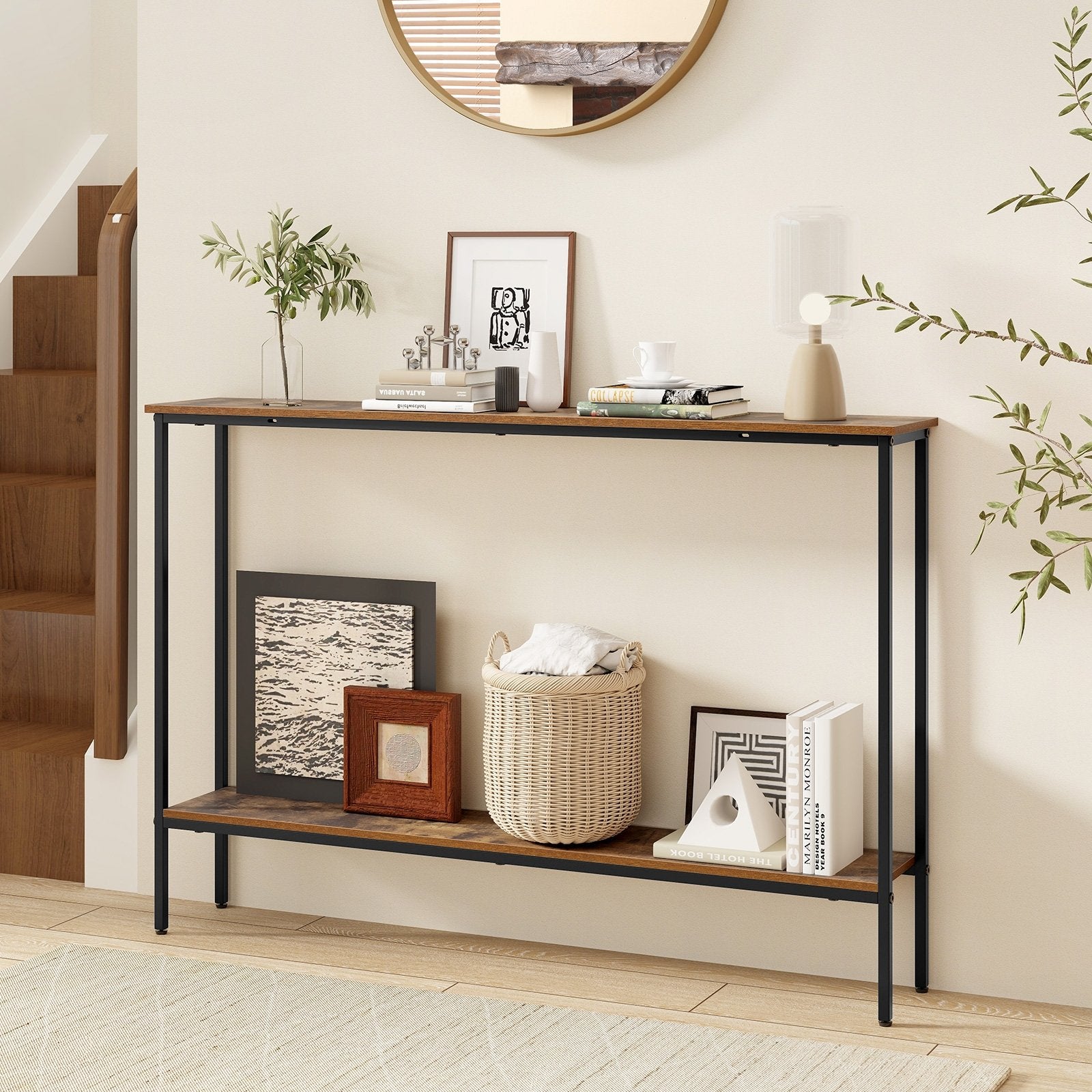 44 Inch Console Table with Shelf with Dual Anti-Tipping Kits, Rustic Brown Console Tables   at Gallery Canada