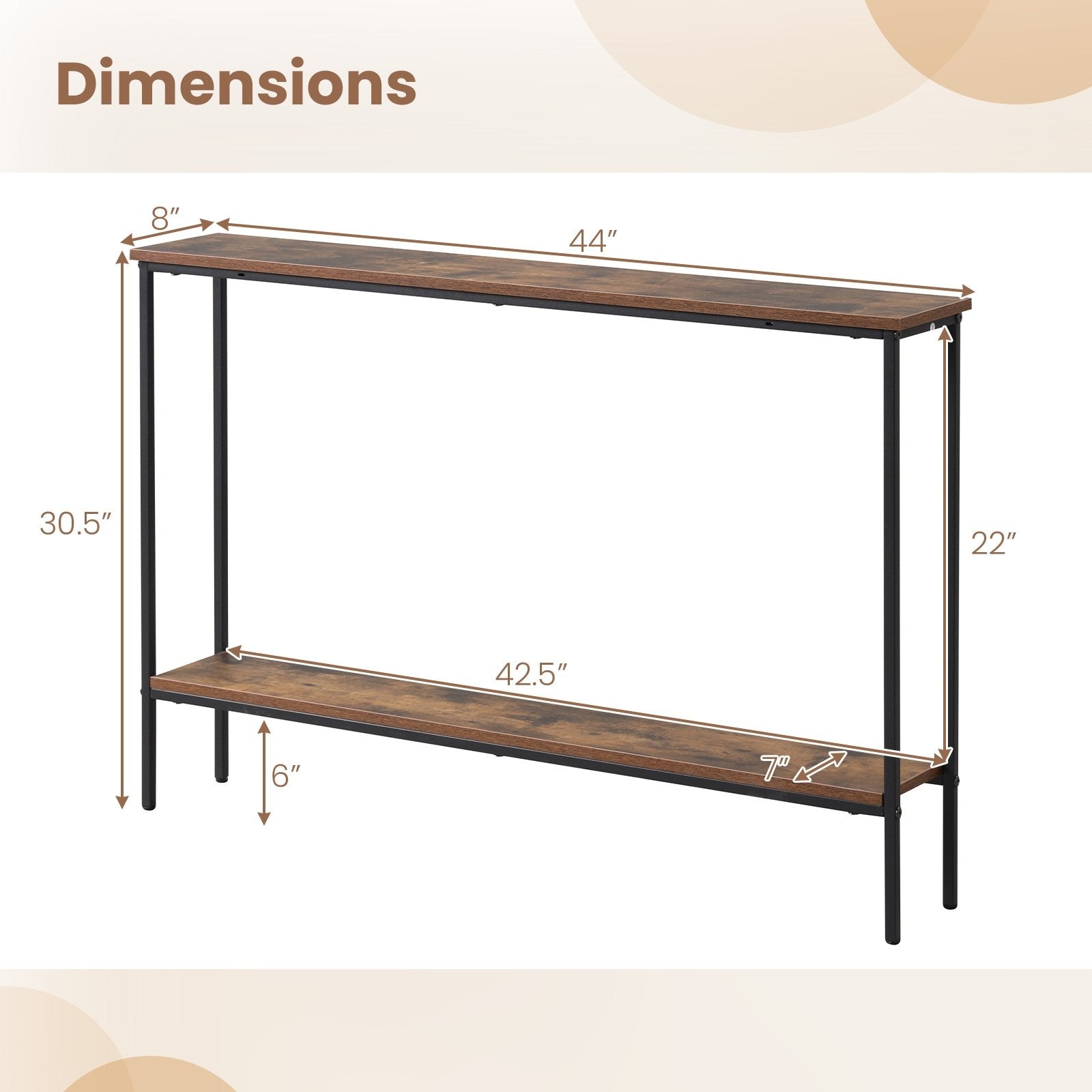 44 Inch Console Table with Shelf with Dual Anti-Tipping Kits, Rustic Brown Console Tables   at Gallery Canada